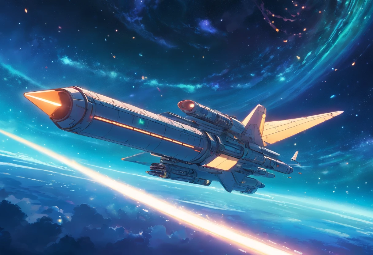 military long rectangular spaceship like a tube, flying in the deep space
