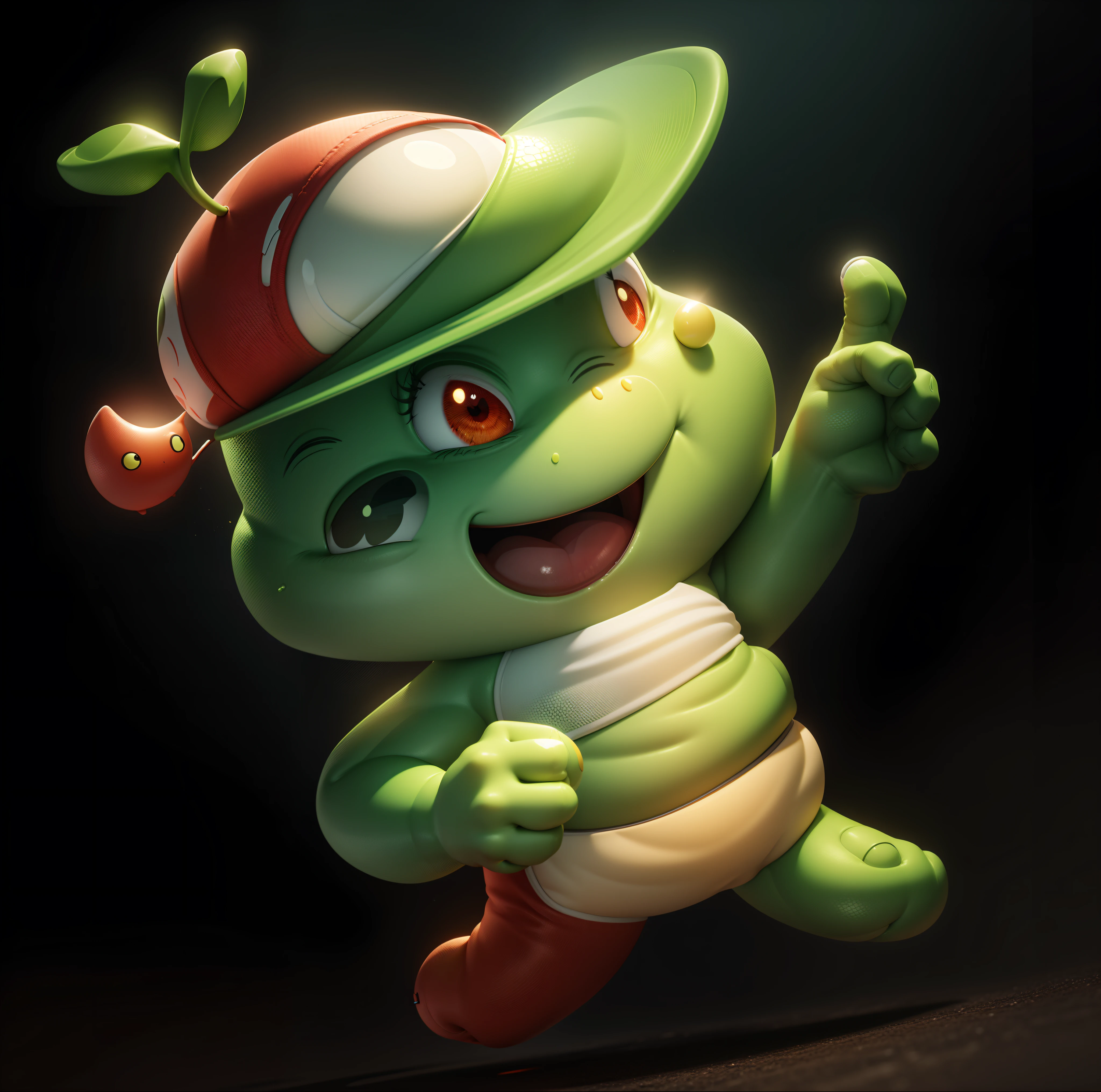 Cute cartoon,Green skin,Redfaced,黑The eye,Yellow belly,Red sports cap,Left finger forward,ssmile,Rounded,white backgrounid,3d cartoon style rendering,