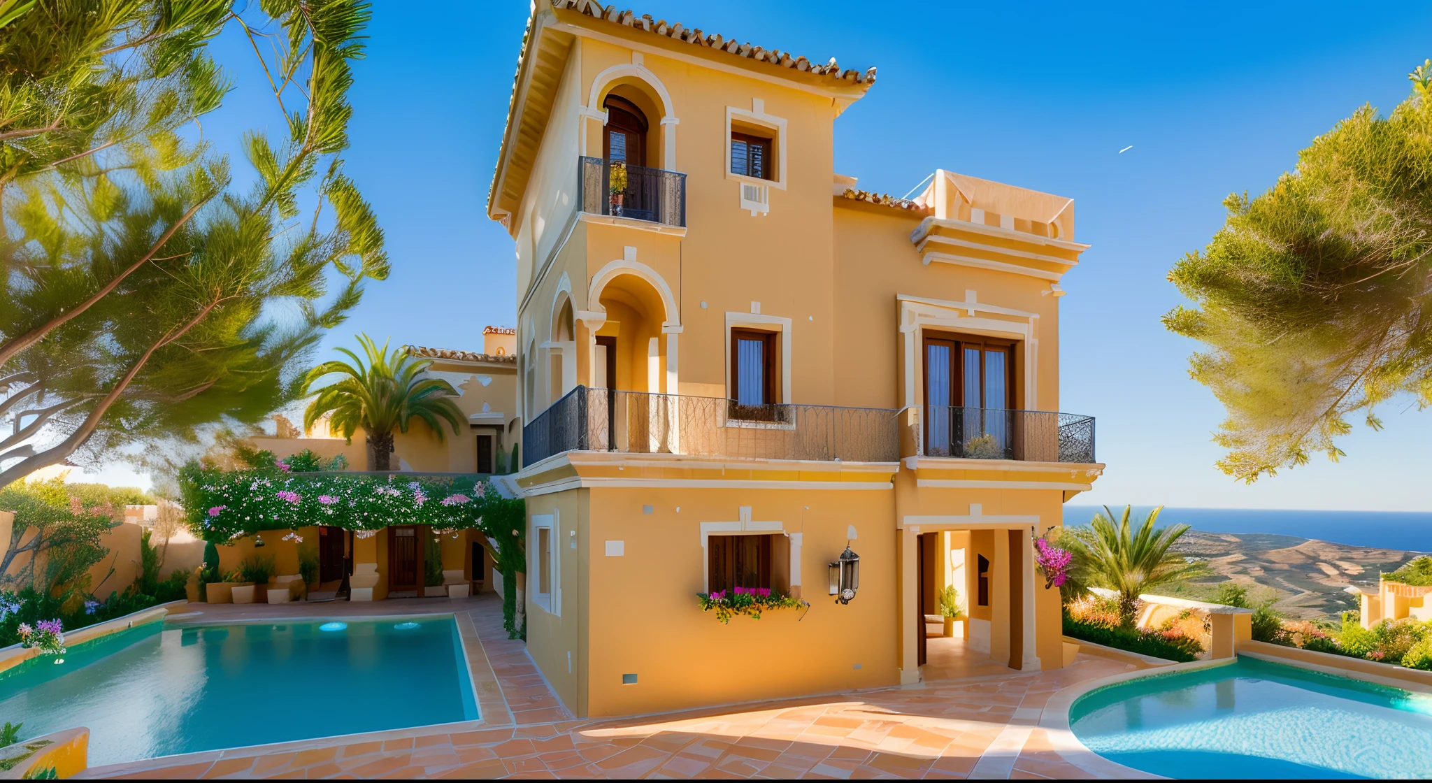 (((mediterranean style))) villa with (((The front yard has a garden with many flowers))) and hill view, villa, marbella, mediterranean architecture, There are several colorful flower arrangements in front of the building ,costa blanca, award-winning masterpiece, exterior photography, highly detalied, well-designed masterpiece, vivid and detailed, in spain, rafael, crazy detailed, swimming pool in front, onyx, outside view, extremly detailed, highly no detailed, detailed masterpiece, acclaimed masterpiece