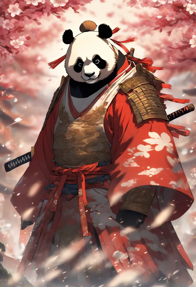 A brave and noble panda bear samurai warrior, wearing highly detailed white samurai armor, wearing a sashimono war flag on his back, sengoku period, highly detailed background, cherry blossoms blowing in the wind, perfect masterpiece, high quality, high resolution