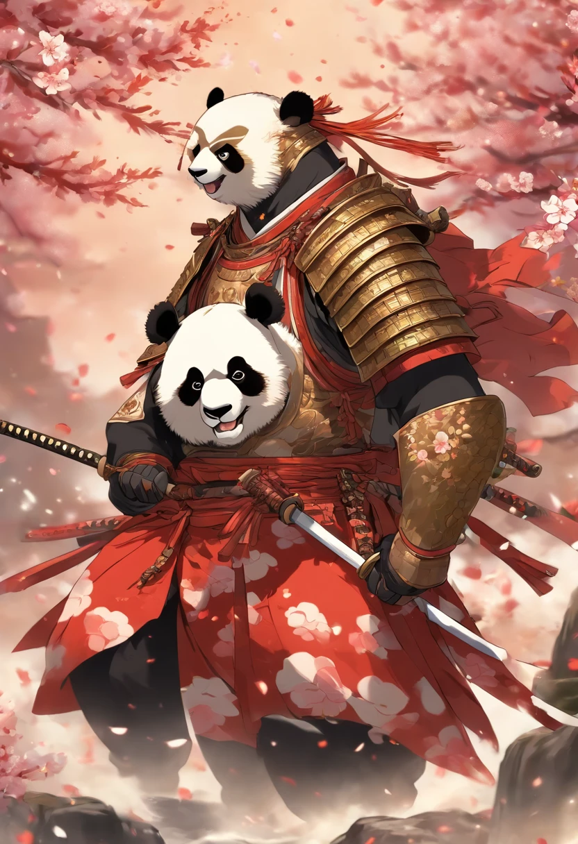 A brave and noble panda bear samurai warrior, wearing highly detailed white samurai armor, wearing a sashimono war flag on his back, sengoku period, highly detailed background, cherry blossoms blowing in the wind, perfect masterpiece, high quality, high resolution