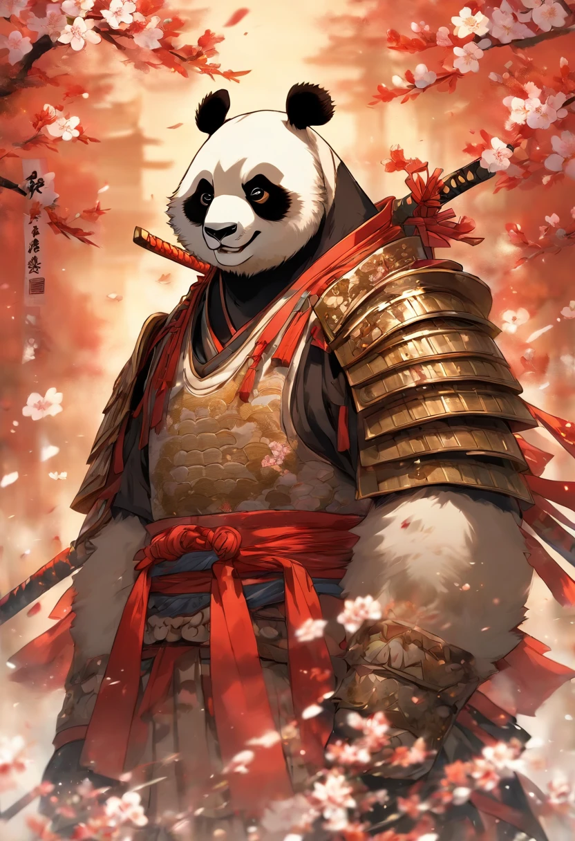 A brave and noble panda bear samurai warrior, wearing highly detailed white samurai armor, wearing a sashimono war flag on his back, sengoku period, highly detailed background, cherry blossoms blowing in the wind, perfect masterpiece, high quality, high resolution
