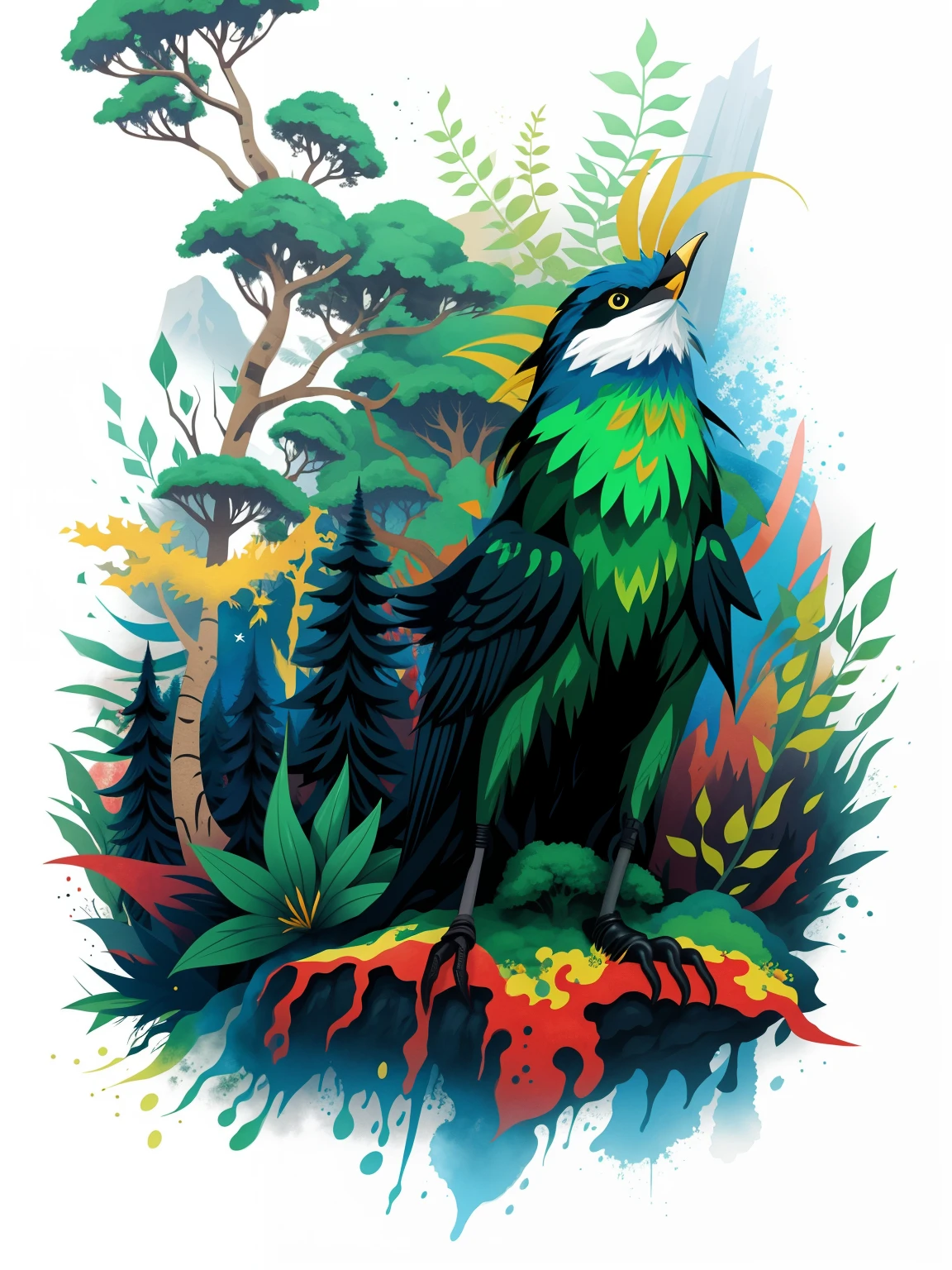 Freedom tee shirt design, green trees, forests, rivers, blue flags, bells, vibrant colors, volcanic eruptions, 24k resolution, hyperdetailed, on white background, an a tee shirt, graphic design animal tattoo design, traditional tattoo style, cute slider mite, T-shirt design, vector art, fantasy art, watercolor effect, digital painting, clean white background, 8K