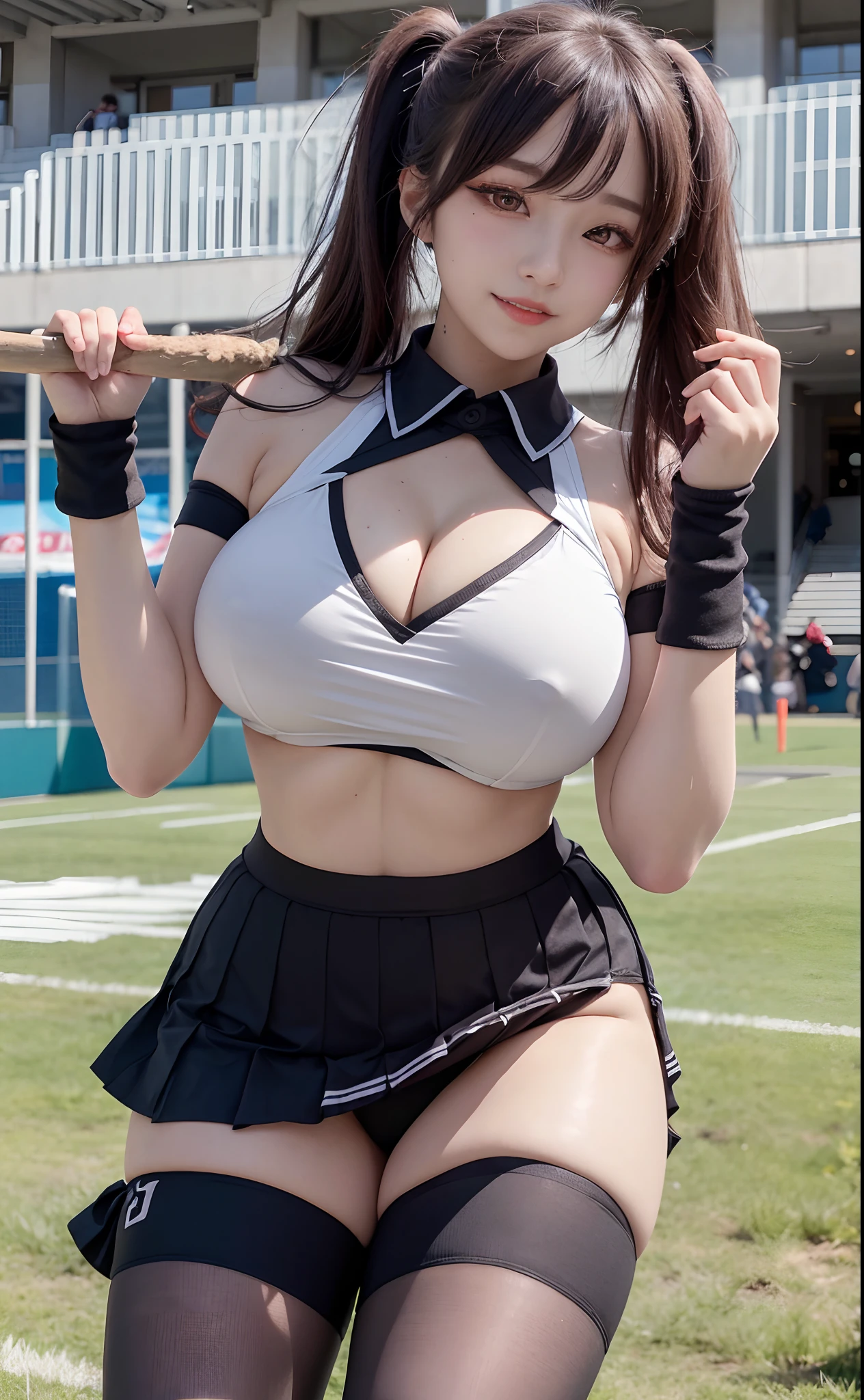 ,Cheergirl costumes,Cheergirl Skirt、 (((Colossal tits))) , poneyTail,top-quality、Real Stick、A detailed eye、A detailed face、long lashes、heavy eye makeup、Dark eyeliner、smil、black thighhighs、Cheering with pom-poms