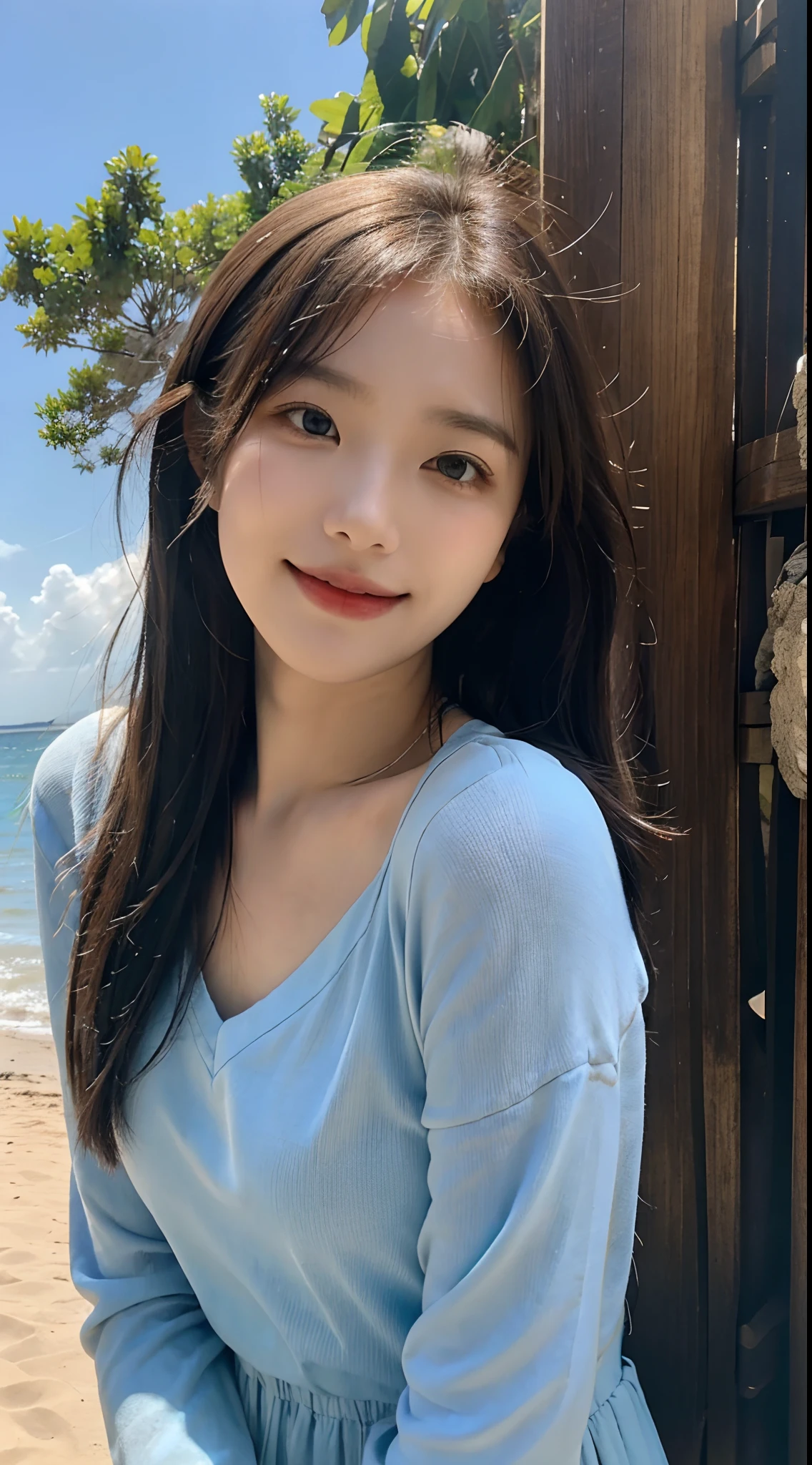 。 Behind her, Blue sky and white clouds give off warm sunshine, Intertwined with the sound of waves crashing on the beach. She gently raised her head, Smile and stare into the distance, Her eyes reveal hints of mystery and longing.

The surrounding scenery is also heartwarming. Fine grains of sand on the beach shimmer with golden light, With small waves in the breeze. The blue ripples of the sea are、Gives off a clear and quiet feeling. The distant island is surrounded by greenery, And green trees々is reflected in the blue sea, Like a beautiful picture.

This painting is not only a depiction of beauty, but also、a person々Brings inner peace and dreams to. Through an 8K resolution display, All details and colors are displayed so realistically, As if you can feel the warmth of the sun and the sea breeze.

The girl's posture and facial expressions exude confidence and independence, And her beauty is not only on the outside, but also inside. Her impressive beauty is like a ray of light, Attracting all of heaven and earth.

Presented in 8K resolution, this masterpiece is、Through perfect detail and high-quality representation、a person々It makes you feel the touch of beauty and charm of art. Present the dream scene on the beach to the audience in a more realistic way, a person々Make you feel like you're in it, Enjoy beauty and freedom.