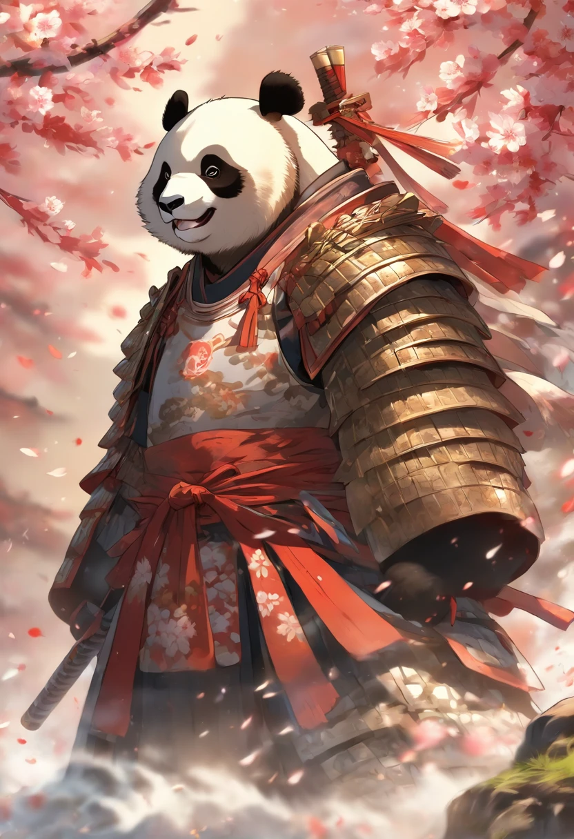 A brave and noble panda bear samurai warrior, wearing highly detailed white samurai armor, wearing a sashimono war flag on his back, sengoku period, highly detailed background, cherry blossoms blowing in the wind, perfect masterpiece, high quality, high resolution