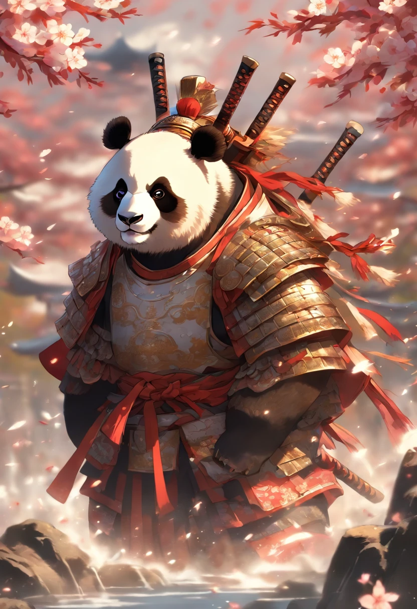 A brave and noble panda bear samurai warrior, wearing highly detailed white samurai armor, wearing a sashimono war flag on his back, sengoku period, highly detailed background, cherry blossoms blowing in the wind, perfect masterpiece, high quality, high resolution