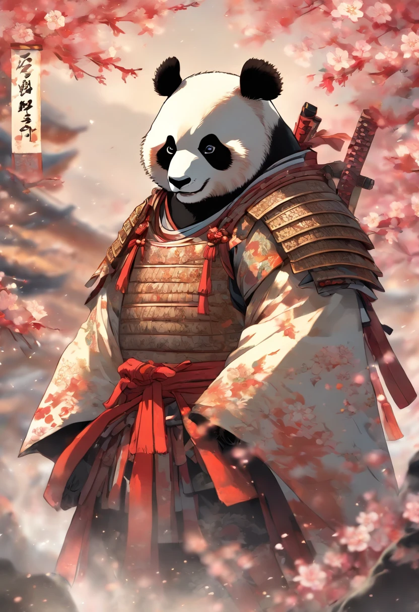 A brave and noble panda bear samurai warrior, wearing highly detailed white samurai armor, wearing a sashimono war flag on his back, sengoku period, highly detailed background, cherry blossoms blowing in the wind, perfect masterpiece, high quality, high resolution