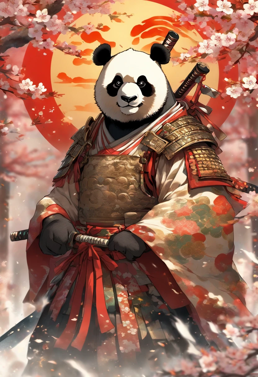 A brave and noble panda bear samurai warrior, wearing highly detailed white samurai armor, wearing a sashimono war flag on his back, sengoku period, highly detailed background, cherry blossoms blowing in the wind, perfect masterpiece, high quality, high resolution