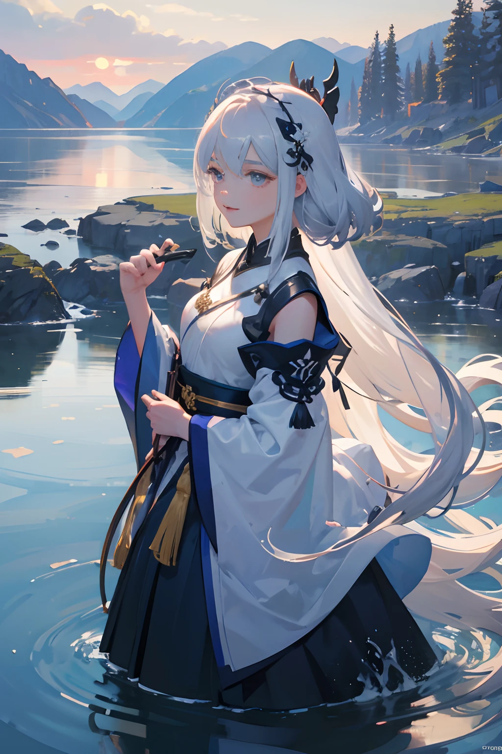 one-girl,cabelos preto e longos,little breast,(Antique Hanfu:1.5),silver accessories,Shoulders exposed,standing on a hill,Sword in hand,knight-errant,(Bright color combination:1.2)Facing the mountains and flowing water、waterfallr,Rainy sky,(Wallpapers),tmasterpiece,Detailed characters,super detailing,art illustration,A high resolution,16:9 wide,