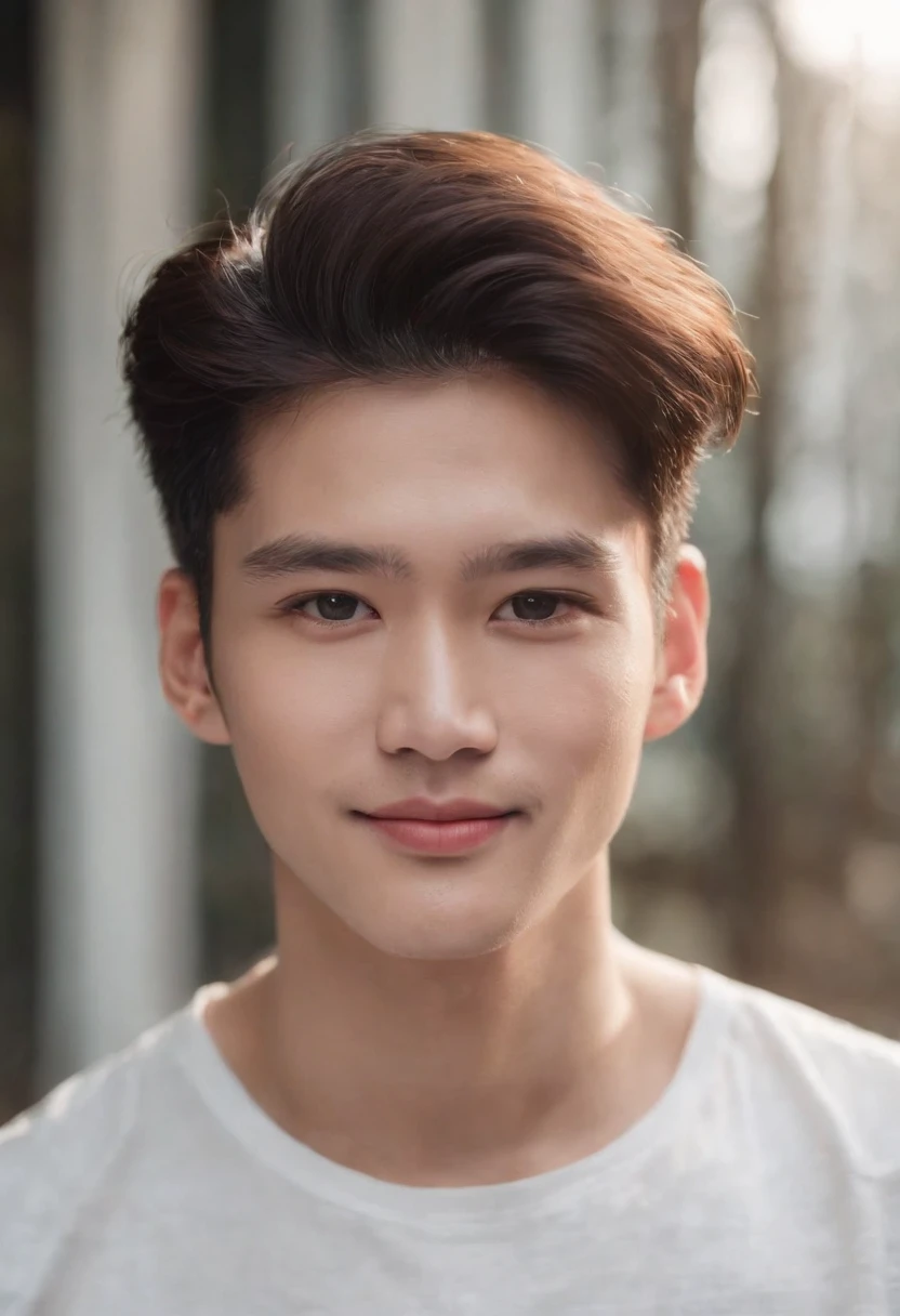 thailand，Male celebrities，Fashionable hipsters，（19 years old delicate facial features 1.3），Handsome，rays of sunshine，（Toothy smile 1.1），white teeth，Asian superstar，Close-up of portraits，Real Human，Ultra photo realsisim，photore，Hyper-realistic，Ultimate skin，White shirt，（Canon portrait lens shoots star 1.1）