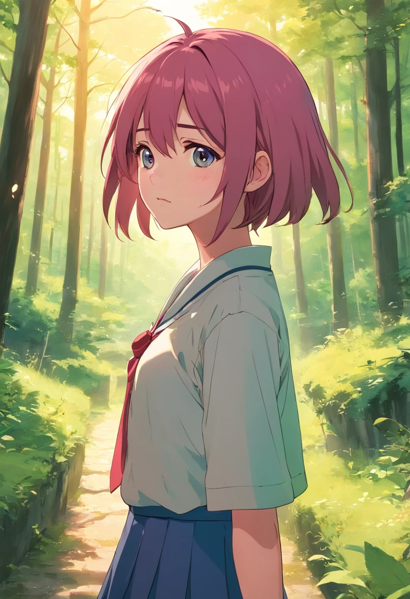 1Girl Un dibujo manga que representa a una adolescente de estilo anime, Dressed in a Japanese school uniform. Su cabello y ojos son de un hermoso tono rosa, lo que agrega un toque distintivo a su apariencia. The girl has horns that rise from her head, evocando su estatus de diclonius inspirado en el Elfen Lied. The environment is located in a lush forest, full of trees and serene meadows. The girl's face shows a confused expression