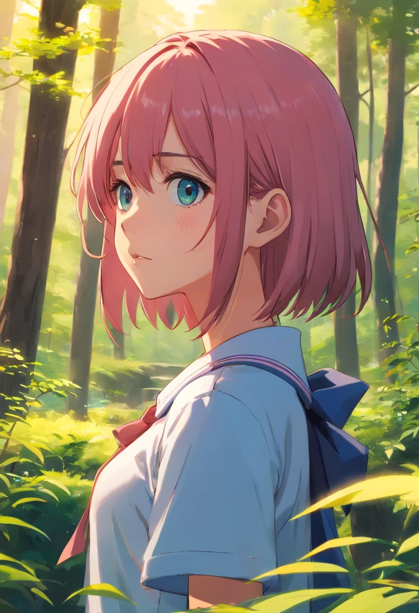 1Girl Un dibujo manga que representa a una adolescente de estilo anime, Dressed in a Japanese school uniform. Su cabello y ojos son de un hermoso tono rosa, lo que agrega un toque distintivo a su apariencia. The girl has horns that rise from her head, evocando su estatus de diclonius inspirado en el Elfen Lied. The environment is located in a lush forest, full of trees and serene meadows. The girl's face shows a confused expression
