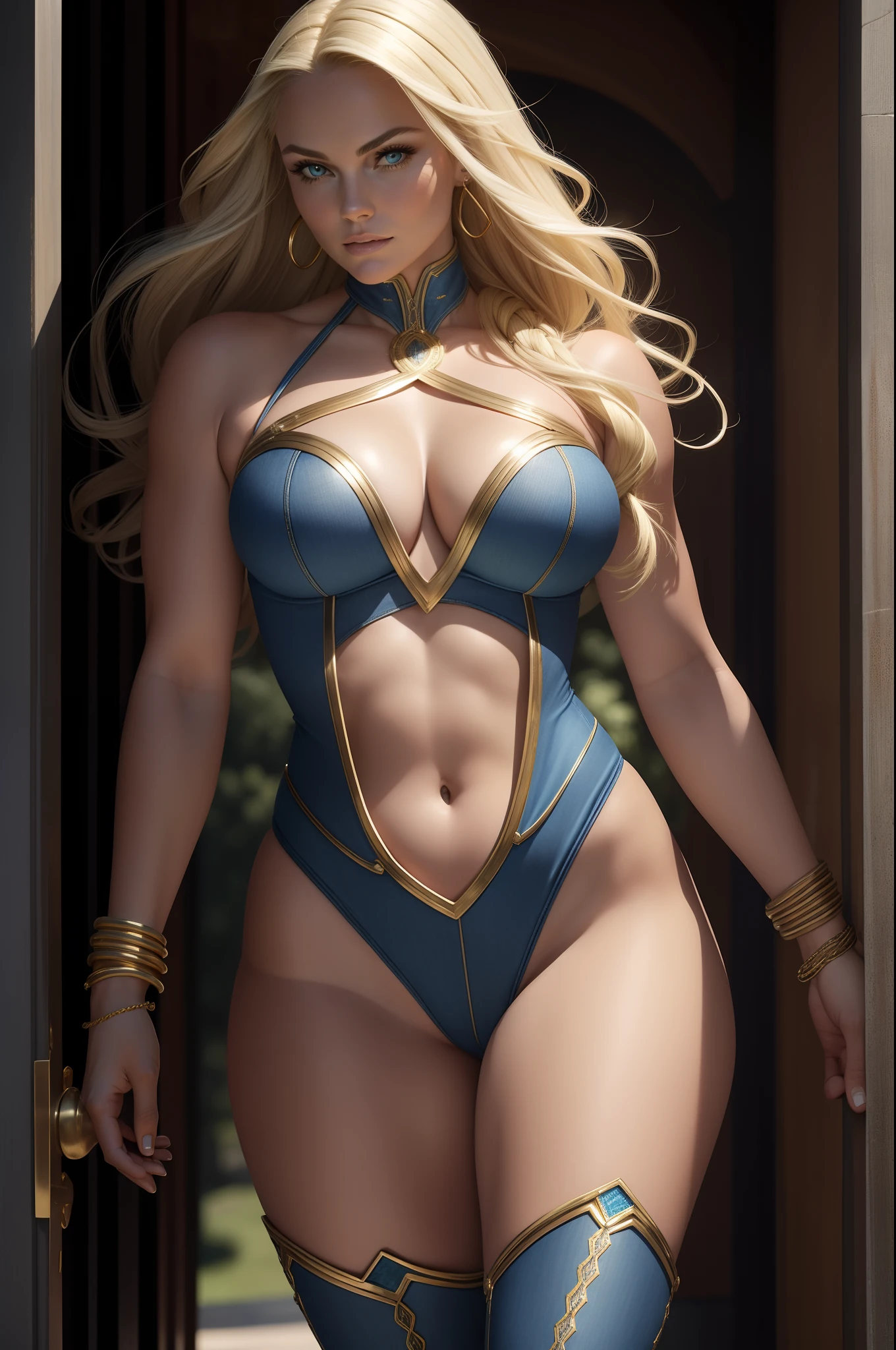 ( Corredor longo de pedras) Lindsey Vonn, as a blonde superheroine in a blue denim swimsuit with gold accents, blue denim clamps on both arms, gold bracelets on both arms, pernas nuas, Blue jean boots on the knee with golden laces, Beautiful face looking at the camera, olhos verdes, long braided blonde hair, tiara azul na testa, Green belt with eagle buckle, athletic curvy body, musculatura definida, perspectiva de corpo inteiro, Vista lateral do corpo, Imagem 32K altamente detalhada