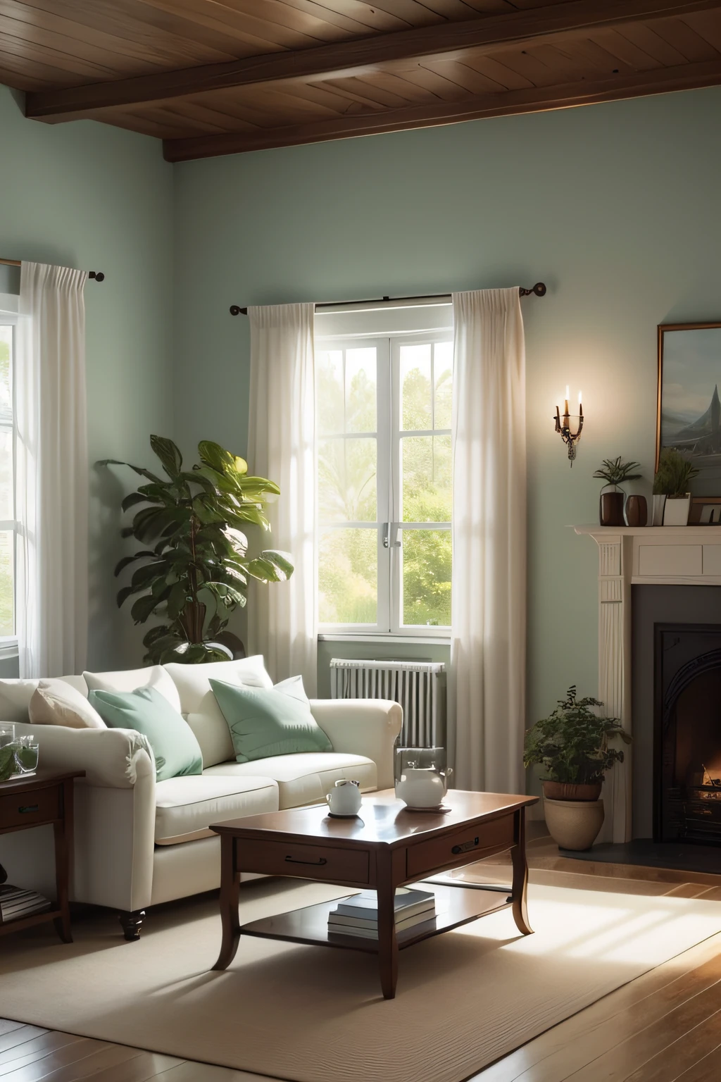 Create a realistic image with a white background where the main focus is the name 'Sweet Dwelling,' written in an elegant mint green (#00B894) font. The image should represent the home and decor area in a cozy and sophisticated manner. Surrounding the name, include realistic elements such as furniture, plants, cushions, and other decorative items that convey the feeling of a welcoming home. Ensure that the details and shadows of the elements are meticulously crafted to give a three-dimensional appearance to the image