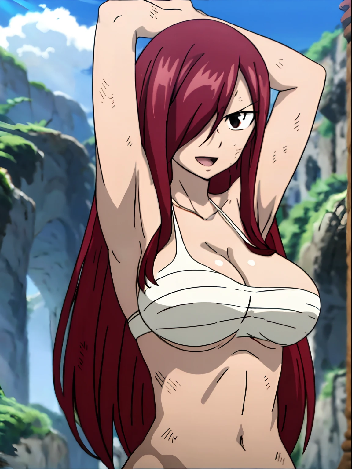 masterpiece, anime style, beach, best quality, highres, fairy tail, 1girl, long hair, reddish hair, (bang cover one eye, one hidden eye, brown eye), large breasts, collarbone, midriff, white bikini, standing, outdoors, smile, open mouth, emo hair, thick arms, broad shoulders, mature woman, (tall), wide shoulders, long belly, stretching, strong arms, ultra detailed arms, tortured