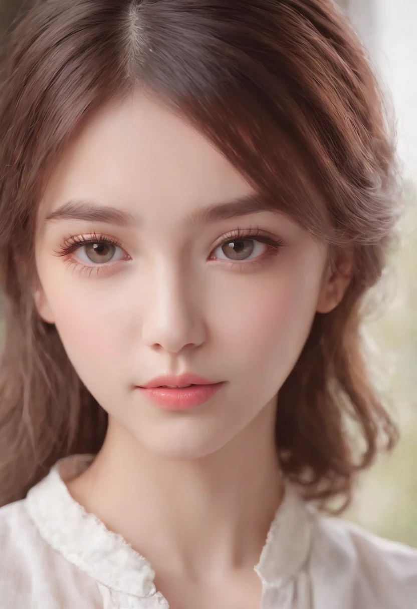 a cute , pink lips, wearing a bright white shirt, in the style of the soft aurorapunk color palette, an anime illustration of her face, animated gifs, hand-drawn animation, charming sketches, soft and bright, hazy romanticism, superplane style, white--air background 1:1--niji 5--expressive style