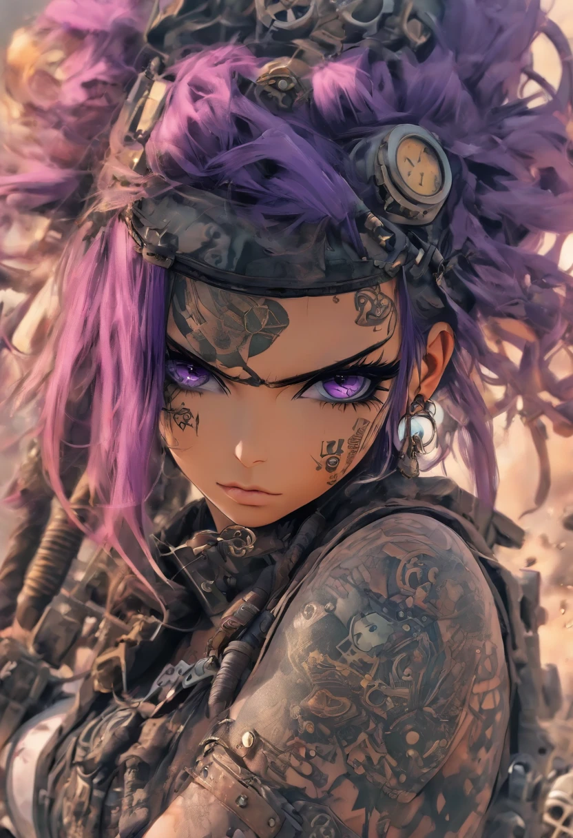 The most beautiful and sexy post apocalyptic steampunk girl, black hair, purple eyes, wearing highly detailed steampunk tactical gear, tons of tattoos and piercings, metal fragments blowing in the wind, post apocalyptic wasteland, highly detailed background, perfect masterpiece, high quality, high resolution