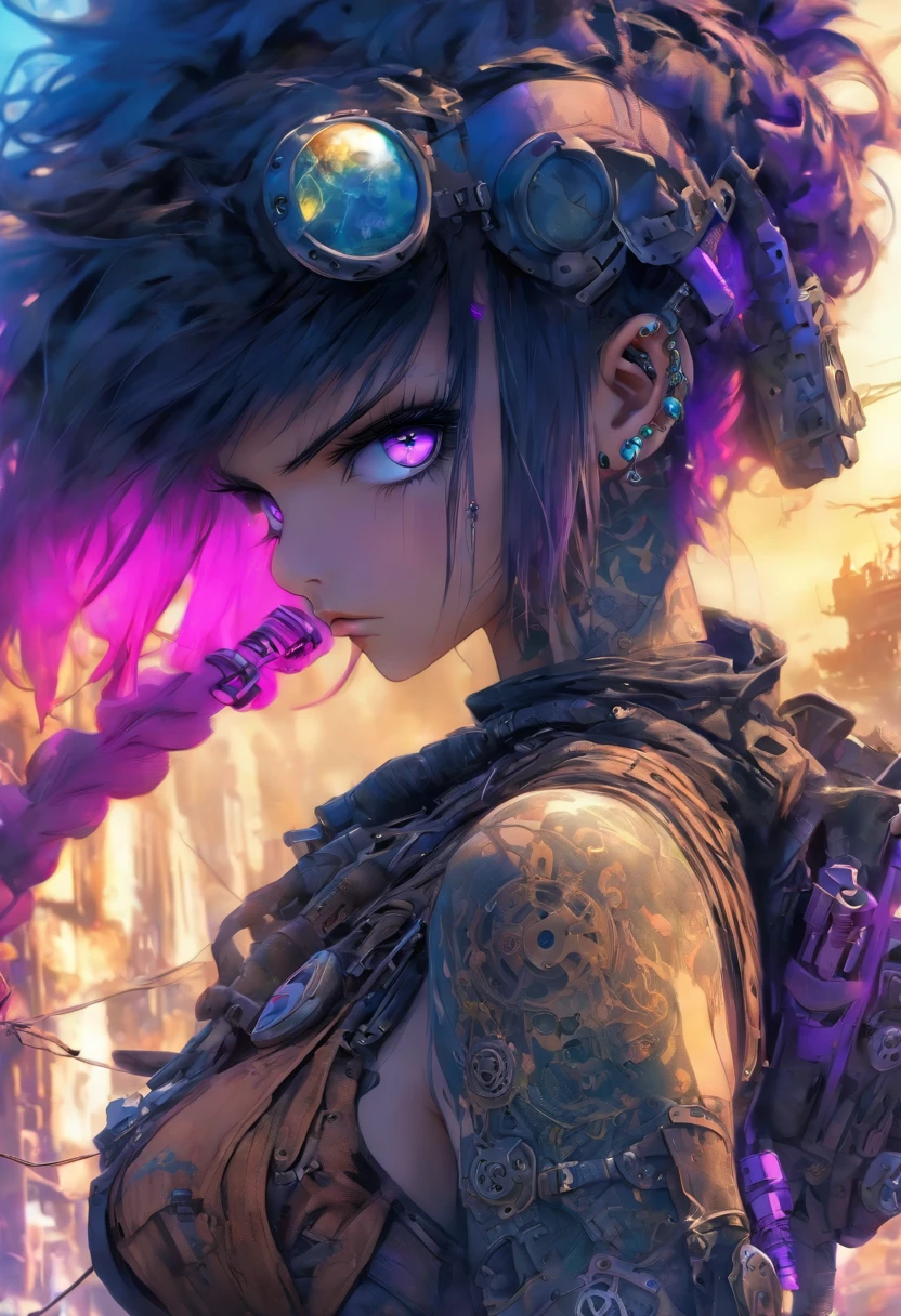 The most beautiful and sexy post apocalyptic steampunk girl, black hair, purple eyes, wearing highly detailed steampunk tactical gear, tons of tattoos and piercings, metal fragments blowing in the wind, post apocalyptic wasteland, highly detailed background, perfect masterpiece, high quality, high resolution