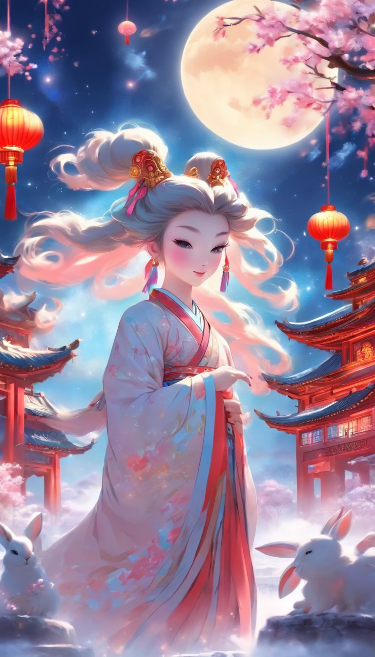 （full bodyesbian：1.25），Faraway view，（faded：1.3），extremely colorful，（tmasterpiece：1,2），best qualityer，extremely detailed CG  8k wallpaper，best qualityer，A high resolution，Original，extremelydetailedwallpaper，（solo person：1.25），Detailed and beautiful face，Chinese Mid-Autumn Festival，Chang'e sits on the moon，Behind you is a snow-covered Chinese palace，There is a rabbit at Chang'e's feet，Starry sky and blue earth as background，