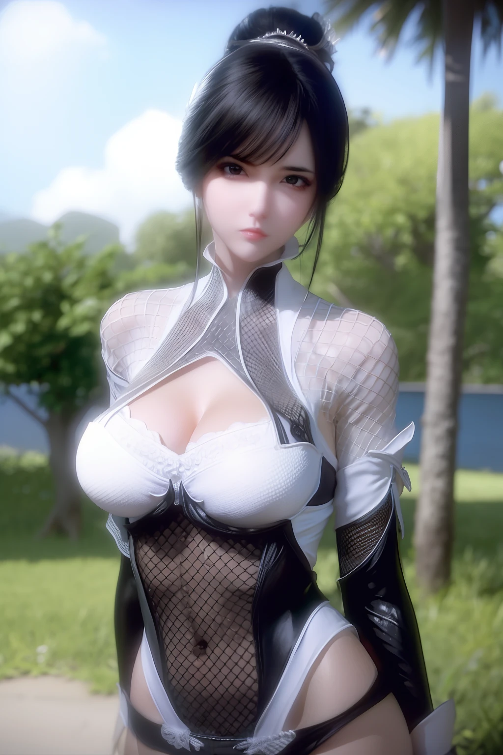 A girl with black hair,Hands over large breasts。Wearing sexy white mesh lingerie by the sea