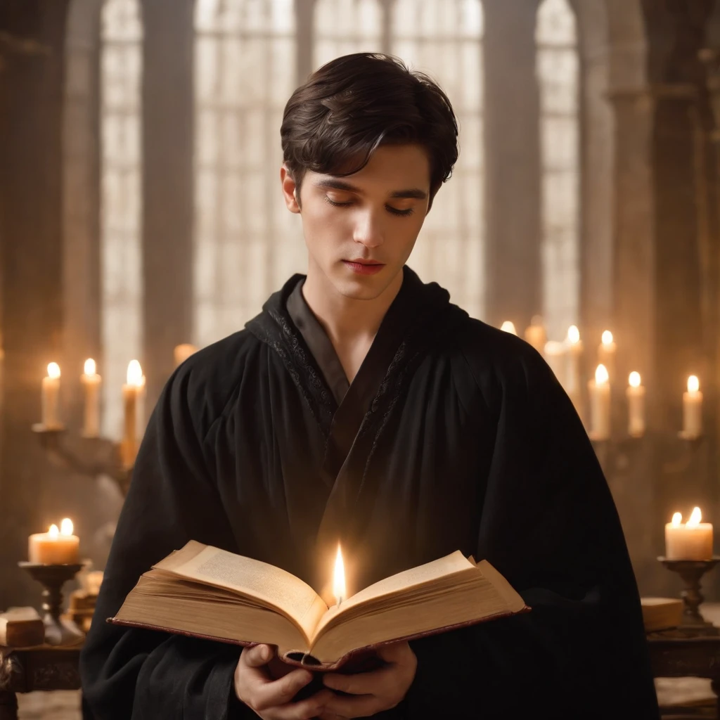 Handsome young man, black short hair, in black robe with golden lining, Circle of magic books scattered on the ground, Magic books and candles placed around him, Seven mirrors at different angles directly above, Gloomy image, vision, Depth of field, divine light, grain film, Optical illusion, Sketch, Renaissance, Pre-Raphaelite Fraternity, High detail, Back Drawing