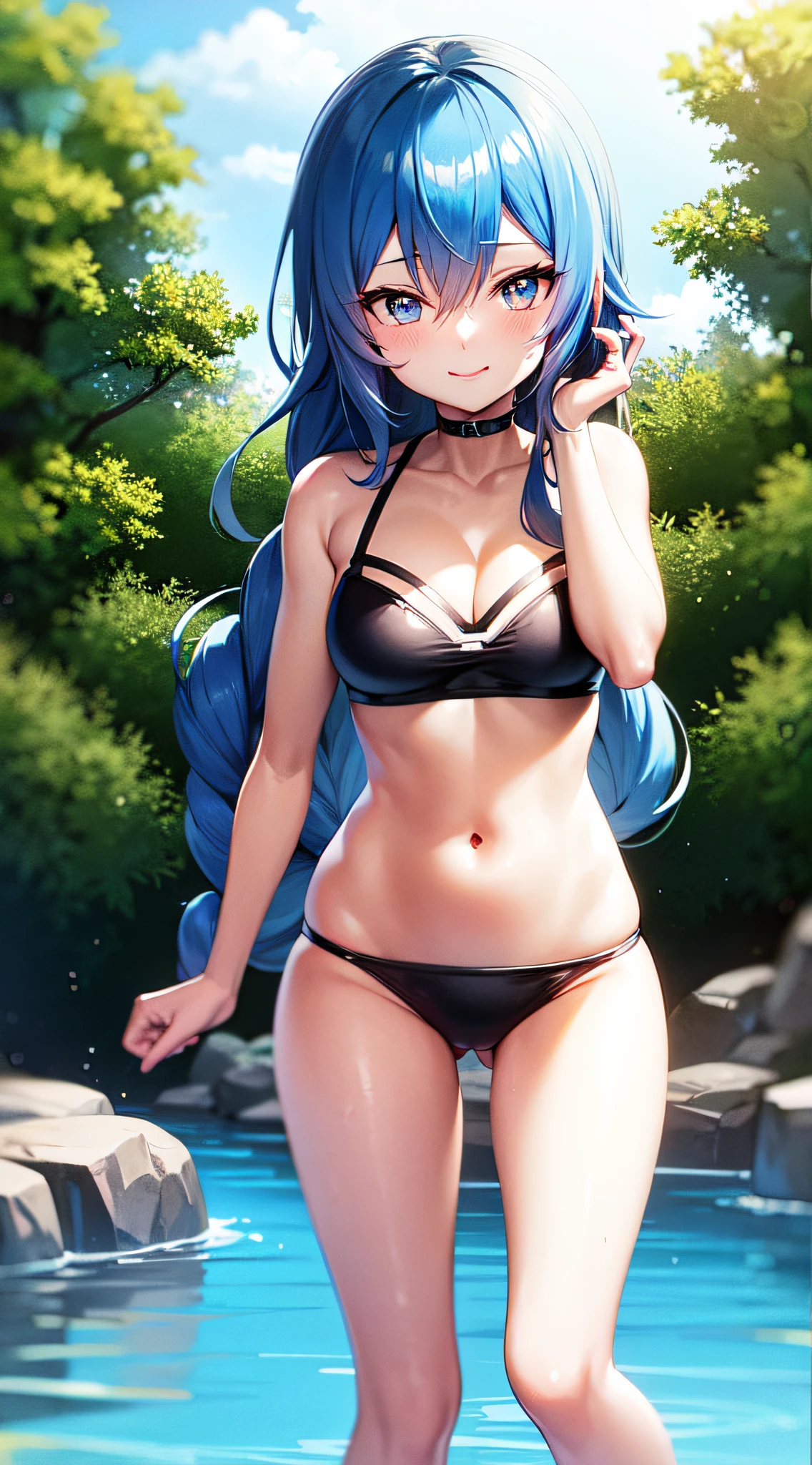 roxy, mushoku tensei, Swimsuit, anime, 1girl, blue hair, braided hair, blue eyes, smiling, wet