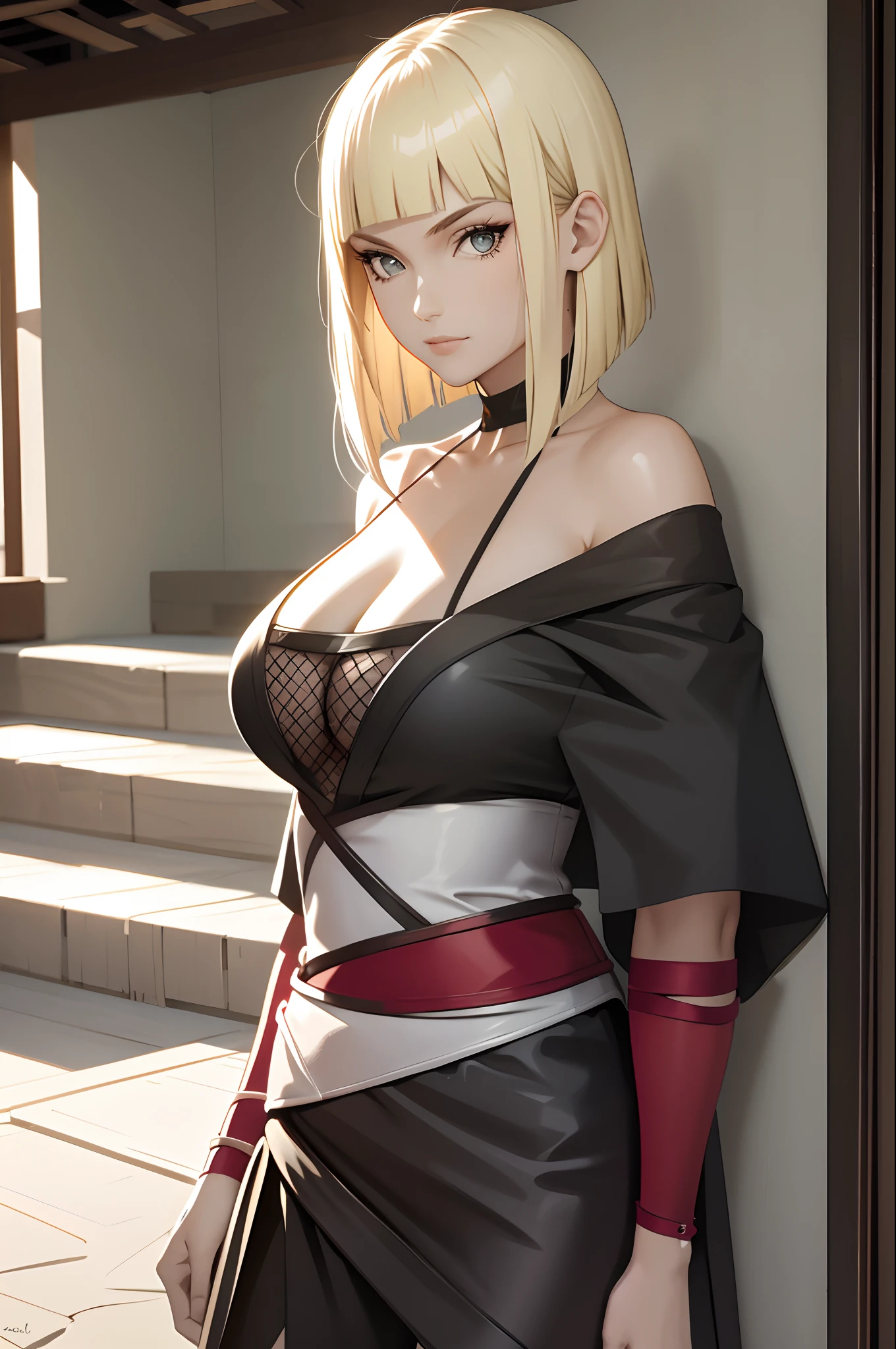 Masterpiece, Best quality, Koh Samui, black kimono, cleavage, vambraces, .sportrait, Frontal photo，Off-the-shoulder attire，ssmile，Be red in the face