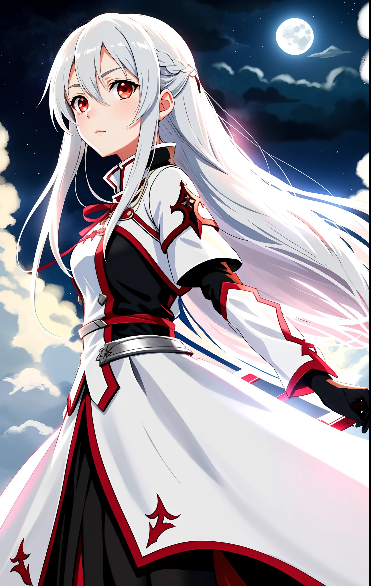 Create an illustration of a young woman with white hair, inspirada en Asuna Yuuki de Sword Art Online. Place it under a full moon in an atmosphere of terror, where the moon has a red hue and the sky is full of blood. Destaca su sensualidad en su apariencia y actitud, sin dejar de mantener el estilo de pelo similar al de Asuna