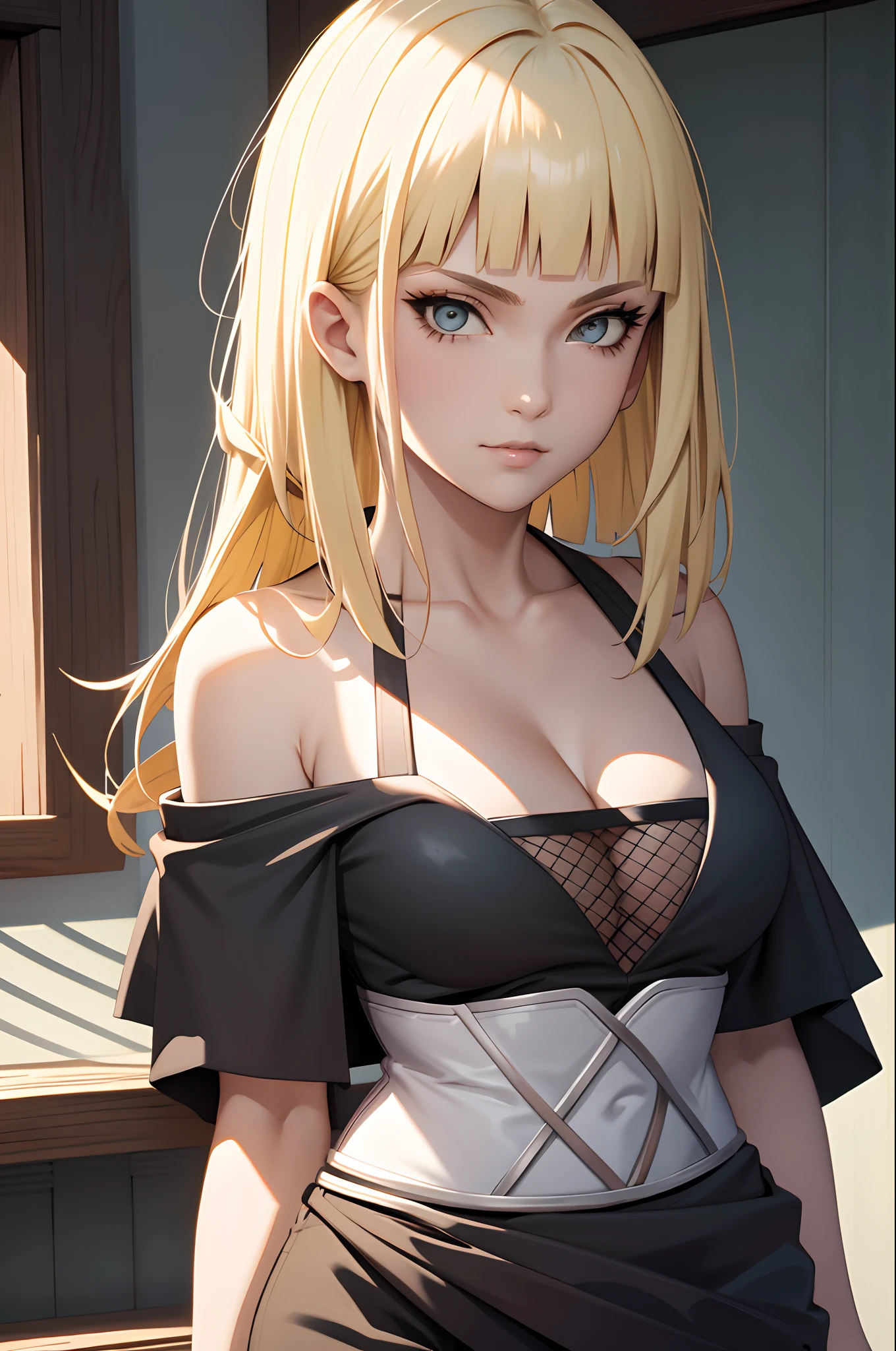 Masterpiece, Best quality, Koh Samui, black kimono, cleavage, vambraces, .sportrait, Frontal photo,Off-the-shoulder attire,ssmile,Be red in the face