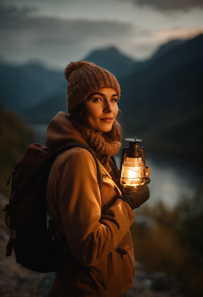 1 woman ((upper body selfie, happy)), masterpiece, best quality, ultra-detailed, solo, outdoors, (night), mountains, nature, (stars, moon) cheerful, happy, backpack, sleeping bag, camping stove, water bottle, mountain boots, gloves, sweater, hat, flashlight, forest, rocks, river, wood, smoke, shadows, contrast, clear sky, analog style (look at viewer:1.2) (skin texture) (film grain:1.3), (warm hue, warm tone:1.2), close up, cinematic light, sidelighting, ultra high res, best shadow, RAW, upper body, wearing pullover