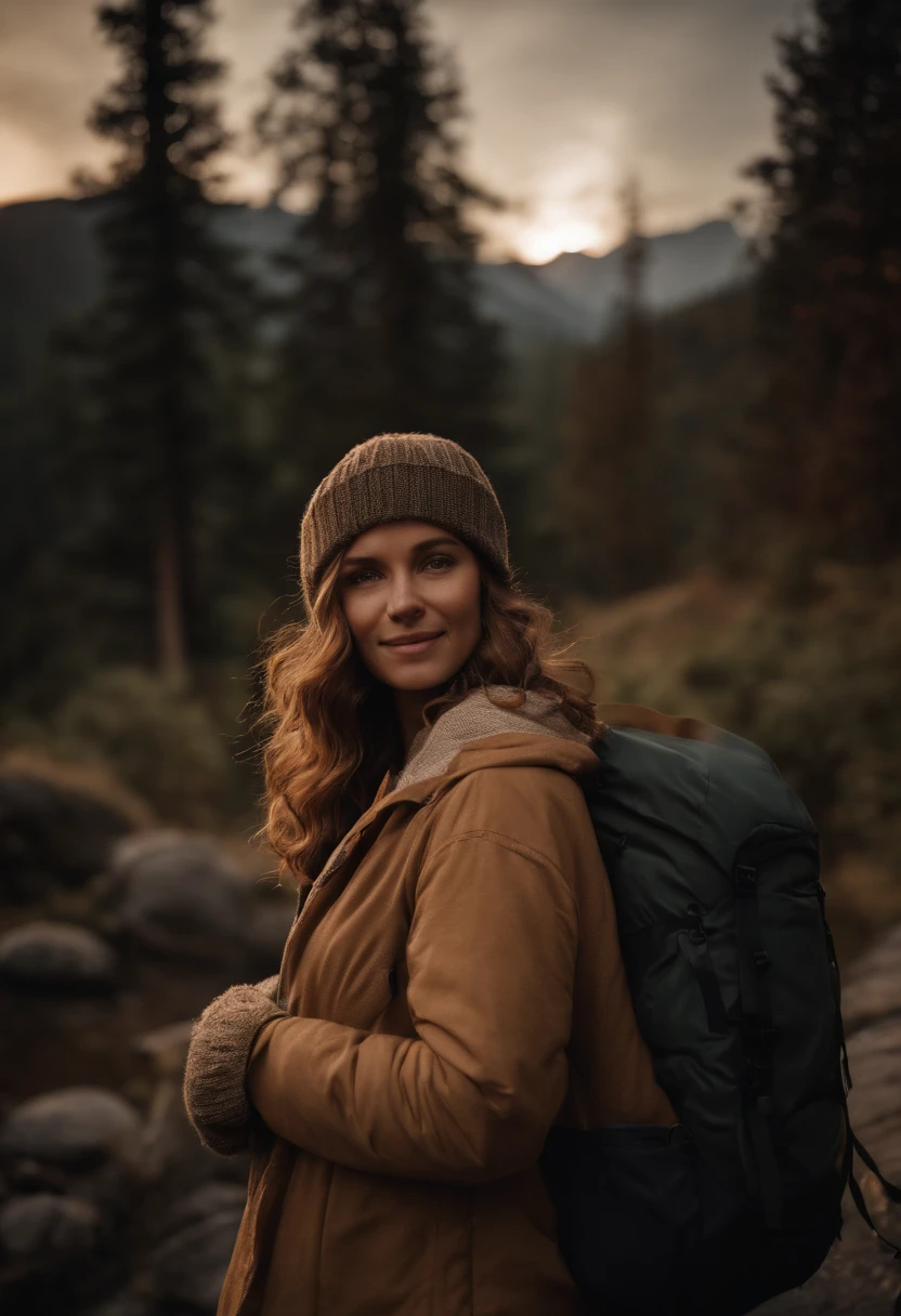 1 woman ((upper body selfie, happy)), masterpiece, best quality, ultra-detailed, solo, outdoors, (night), mountains, nature, (stars, moon) cheerful, happy, backpack, sleeping bag, camping stove, water bottle, mountain boots, gloves, sweater, hat, flashlight, forest, rocks, river, wood, smoke, shadows, contrast, clear sky, analog style (look at viewer:1.2) (skin texture) (film grain:1.3), (warm hue, warm tone:1.2), close up, cinematic light, sidelighting, ultra high res, best shadow, RAW, upper body, wearing pullover