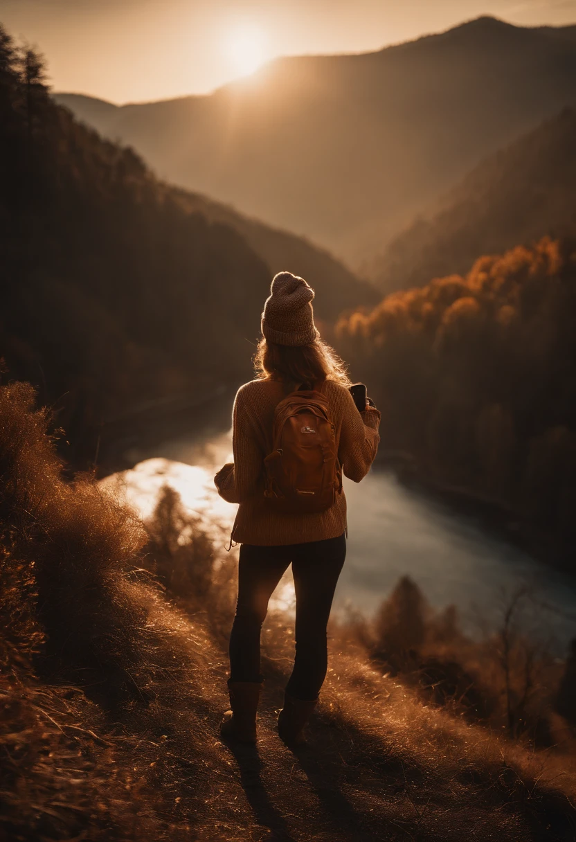1 woman ((upper body selfie, happy)), masterpiece, best quality, ultra-detailed, solo, outdoors, (night), mountains, nature, (stars, moon) cheerful, happy, backpack, sleeping bag, camping stove, water bottle, mountain boots, gloves, sweater, hat, flashlight, forest, rocks, river, wood, smoke, shadows, contrast, clear sky, analog style (look at viewer:1.2) (skin texture) (film grain:1.3), (warm hue, warm tone:1.2), close up, cinematic light, sidelighting, ultra high res, best shadow, RAW, upper body, wearing pullover
