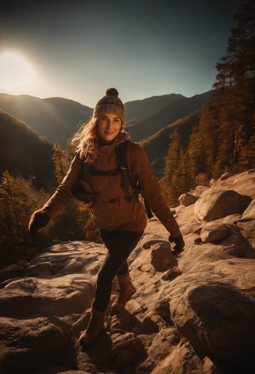 1 woman ((upper body selfie, happy)), masterpiece, best quality, ultra-detailed, solo, outdoors, (night), mountains, nature, (stars, moon) cheerful, happy, backpack, sleeping bag, camping stove, water bottle, mountain boots, gloves, sweater, hat, flashlight, forest, rocks, river, wood, smoke, shadows, contrast, clear sky, analog style (look at viewer:1.2) (skin texture) (film grain:1.3), (warm hue, warm tone:1.2), close up, cinematic light, sidelighting, ultra high res, best shadow, RAW, upper body, wearing pullover