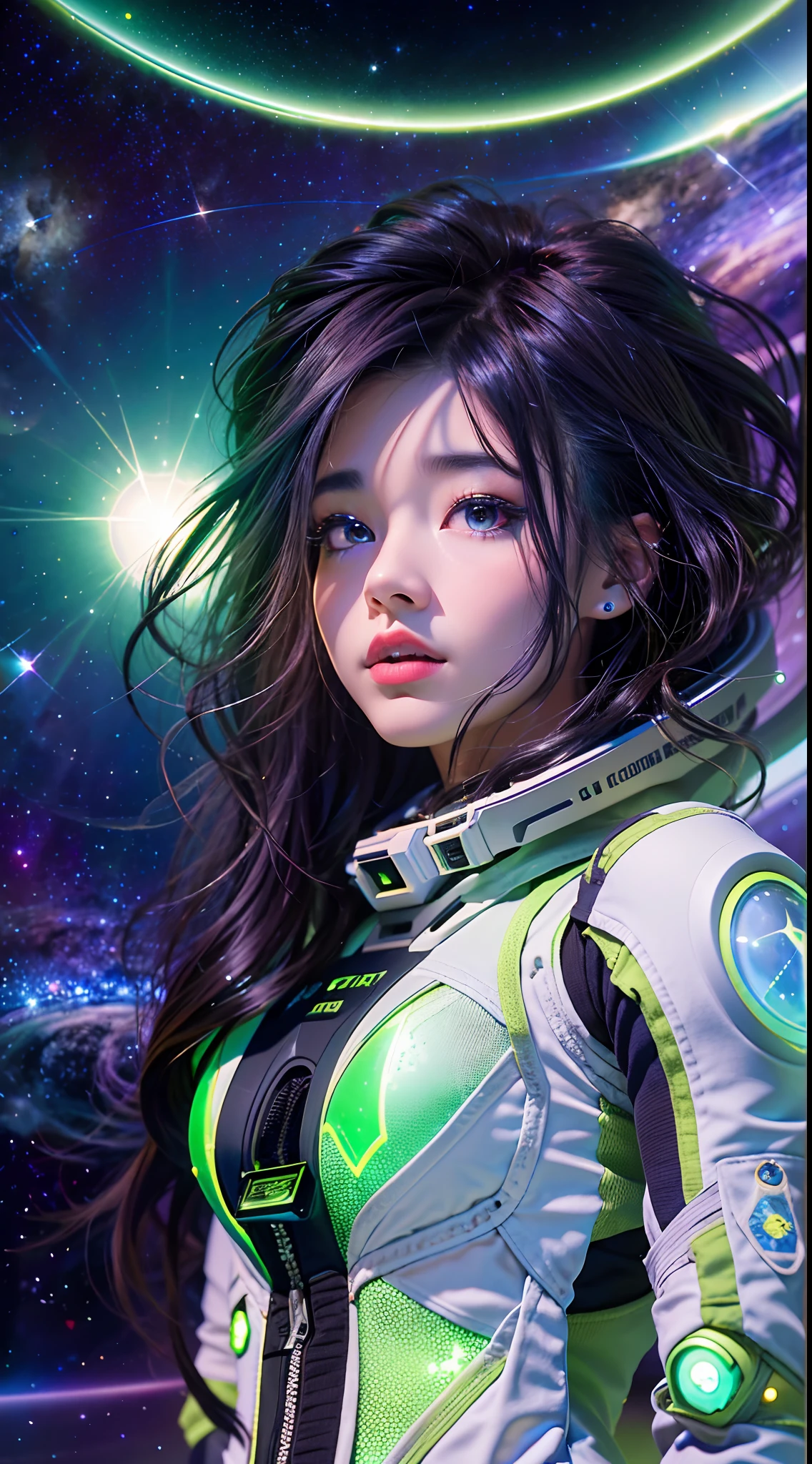 （tmasterpiece：1.2），best qualtiy，In space，（nigh sky，medium lenght hair：1.2），（illustratio：1.2），lindo cenario，dreads，（Elaborate luminescence，lens flare glow），（Hyper-detailing），Hyper-detailing，（exquisitedetails），（complexdetails），（Movie light，Best quality backlight），清晰的线条，New world，peeping at the viewer，Solo Woman，（Space Girl，the space），Oriental women，The girl looks like a Chinese movie star，Solo Woman，Perfect body，Beautiful 16 year old girl，（1girll），（Bright bioluminescent hair，bright glowing eyes），（galaxias，Alien planet），（Astronaut wearing sexy futuristic style white fitted spacesuit：1.1），The material of the spacesuit is light and thin，Latex tight spacesuit，The chest of the spacesuit shows the starry sky，Slightly closed eyes，（cyber punk perssonage），（dyna：1.3），（putting makeup on）），hight contrast，（The best lighting，Extremely refined and beautiful），（（Movie Moonlight）），Extremely colorful，（（Photoshop Pastel Painting：1.1）），aethereal，（Movie Masterpiece），suspense，Funk，（Starskrim），splash of color，absolutly eye-catching，（（Caustics）），dynamic angle，big breasts beautiful（detailed glow），（spine-chilling），（Intricate movie scenes behind it：1.2），Environmental occlusion， （Ambient moonshine）， ray-traced reflection， intricately detailed visible background ， （Glowing spacesuit）， terroral， （Bioluminescent vegetation：1.2）， terroral， uneasy， A futuristic， terroral， （Hologram heads-up display）， （Delicate Great Comet）