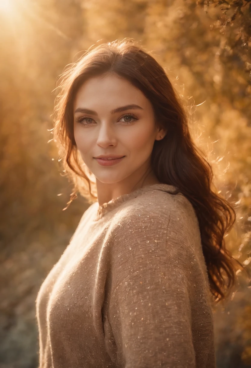 1 woman ((upper body selfie, happy)), masterpiece, best quality, ultra-detailed, solo, outdoors, (night), mountains, nature, (stars, moon) cheerful, happy, backpack, sleeping bag, camping stove, water bottle, mountain boots, gloves, sweater, hat, flashlight, forest, rocks, river, wood, smoke, shadows, contrast, clear sky, analog style (look at viewer:1.2) (skin texture) (film grain:1.3), (warm hue, warm tone:1.2), close up, cinematic light, sidelighting, ultra high res, best shadow, RAW, upper body, wearing pullover