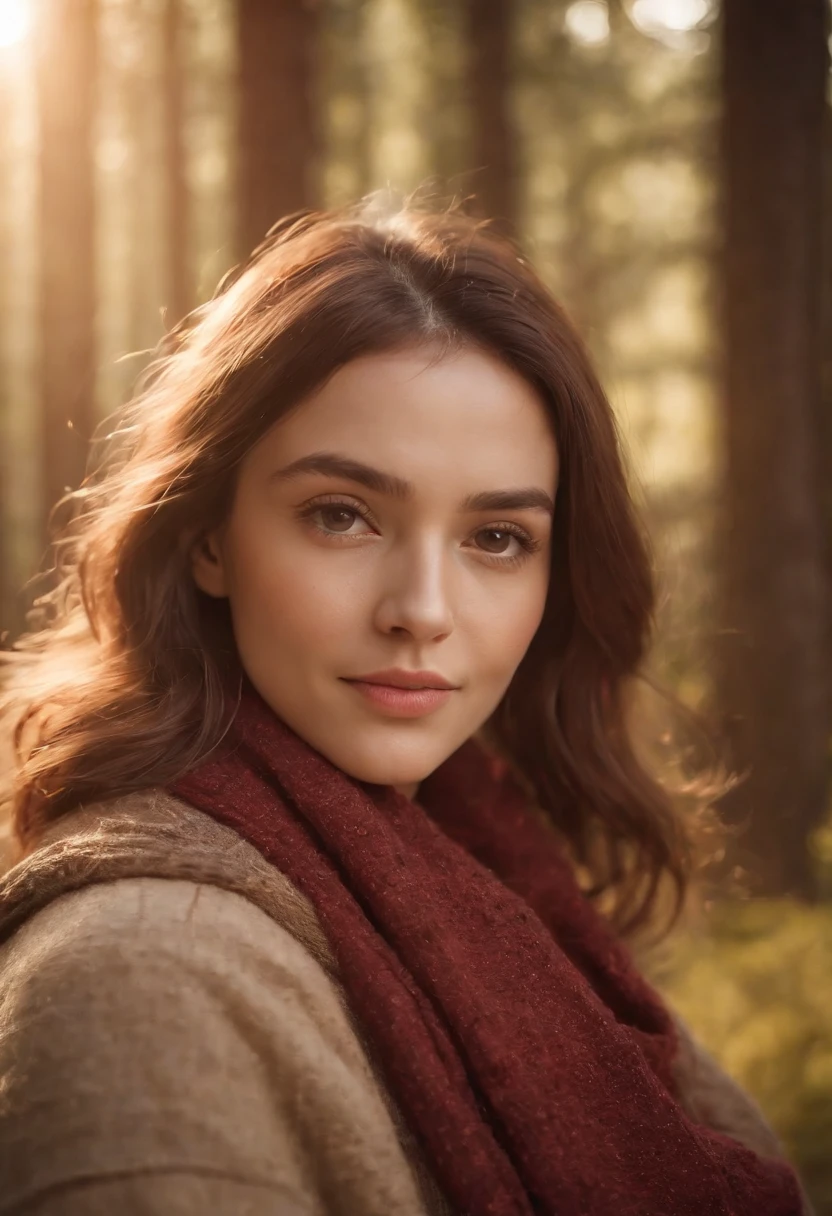 1 woman ((upper body selfie, happy)), masterpiece, best quality, ultra-detailed, solo, outdoors, (night), mountains, nature, (stars, moon) cheerful, happy, backpack, sleeping bag, camping stove, water bottle, mountain boots, gloves, sweater, hat, flashlight, forest, rocks, river, wood, smoke, shadows, contrast, clear sky, analog style (look at viewer:1.2) (skin texture) (film grain:1.3), (warm hue, warm tone:1.2), close up, cinematic light, sidelighting, ultra high res, best shadow, RAW, upper body, wearing pullover