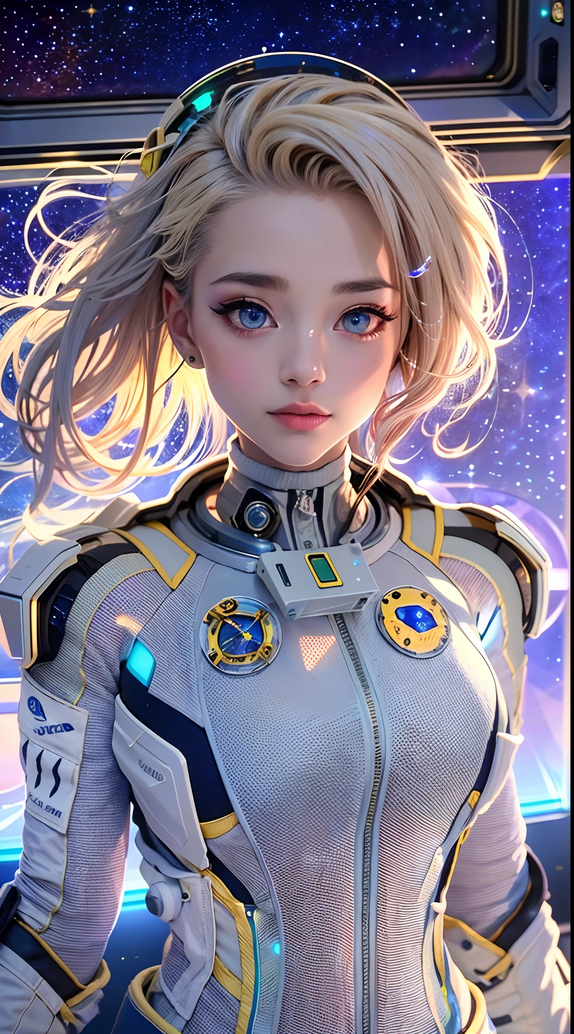 (tmasterpiece:1.2),best qualtiy,In space,(nigh sky,medium lenght hair:1.2),(illustratio:1.2),lindo cenario,dreads,(Elaborate luminescence,lens flare glow),(Hyper-detailing),Hyper-detailing,(exquisitedetails),(complexdetails),(Movie light,Best quality backlight),清晰的线条,New world,peeping at the viewer,Solo Woman,(Space Girl,the space),Oriental women,The girl looks like a Chinese movie star,Solo Woman,Perfect body,Beautiful girl,(1girll),(Bright bioluminescent hair,bright glowing eyes),(galaxias,Alien planet),(Astronaut wearing sexy futuristic style white fitted spacesuit:1.1),The material of the spacesuit is light and thin,Latex tight spacesuit,The chest of the spacesuit shows the starry sky,Slightly closed eyes,(cyber punk perssonage),(dyna:1.3),(putting makeup on)),hight contrast,(The best lighting,Extremely refined and beautiful),((Movie Moonlight)),Extremely colorful,((Photoshop Pastel Painting:1.1)),aethereal,(Movie Masterpiece),suspense,Funk,(Starskrim),splash of color,absolutly eye-catching,((Caustics)),dynamic angle,big breasts beautiful(detailed glow),(spine-chilling),(Intricate movie scenes behind it:1.2),Environmental occlusion, (Ambient moonshine), ray-traced reflection, intricately detailed visible background , (Glowing spacesuit), terroral, (Bioluminescent vegetation:1.2), terroral, uneasy, A futuristic, terroral, (Hologram heads-up display), (Delicate Great Comet)