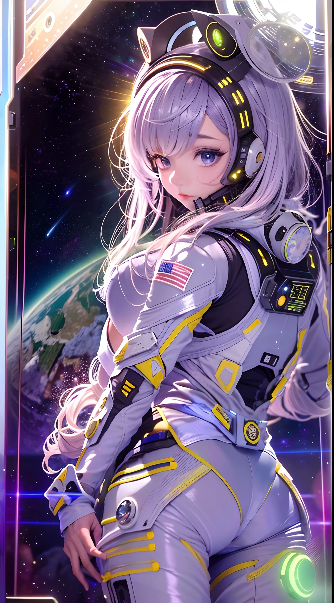(tmasterpiece:1.2),best qualtiy,In space,(nigh sky,medium lenght hair:1.2),(illustratio:1.2),lindo cenario,dreads,(Elaborate luminescence,lens flare glow),(Hyper-detailing),Hyper-detailing,(exquisitedetails),(complexdetails),(Movie light,Best quality backlight),清晰的线条,New world,peeping at the viewer,Solo Woman,(Space Girl,the space),Oriental women,The girl looks like a Chinese movie star,Solo Woman,Perfect body,Beautiful girl,(1girll),(Bright bioluminescent hair,bright glowing eyes),(galaxias,Alien planet),(Astronaut wearing sexy futuristic style white fitted spacesuit:1.1),The material of the spacesuit is light and thin,Latex tight spacesuit,The chest of the spacesuit shows the starry sky,Slightly closed eyes,(cyber punk perssonage),(dyna:1.3),(putting makeup on)),hight contrast,(The best lighting,Extremely refined and beautiful),((Movie Moonlight)),Extremely colorful,((Photoshop Pastel Painting:1.1)),aethereal,(Movie Masterpiece),suspense,Funk,(Starskrim),splash of color,absolutly eye-catching,((Caustics)),dynamic angle,big breasts beautiful(detailed glow),(spine-chilling),(Intricate movie scenes behind it:1.2),Environmental occlusion, (Ambient moonshine), ray-traced reflection, intricately detailed visible background , (Glowing spacesuit), terroral, (Bioluminescent vegetation:1.2), terroral, uneasy, A futuristic, terroral, (Hologram heads-up display), (Delicate Great Comet)