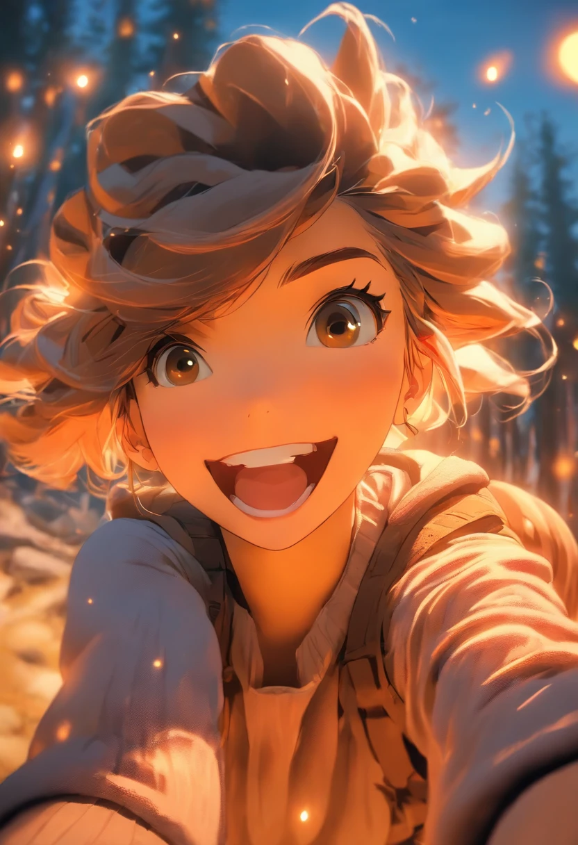 xxmixgirl,1 woman ((upper body selfie, happy)), masterpiece, best quality, ultra-detailed, solo, outdoors, (night), mountains, nature, (stars, moon) cheerful, happy, backpack, sleeping bag, camping stove, water bottle, mountain boots, gloves, sweater, hat, flashlight, forest, rocks, river, wood, smoke, shadows, contrast, clear sky, analog style (look at viewer:1.2) (skin texture) (film grain:1.3), (warm hue, warm tone:1.2), close up, cinematic light, sidelighting, ultra high res, best shadow, RAW, upper body, wearing pullover