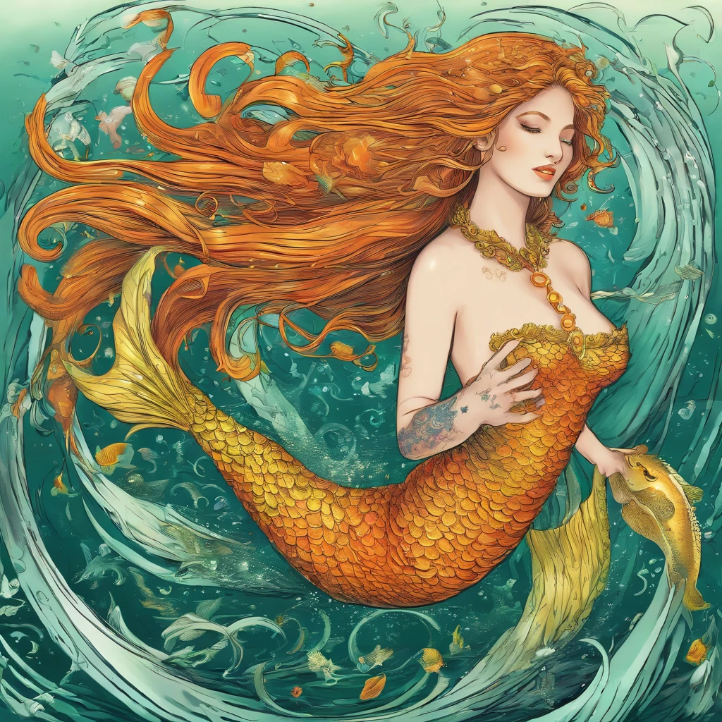 Mermaid, green mertail with yellow fire tattoos, orange top, golden flowing hair with orange highlights, a happy life, masterpiece, best quality