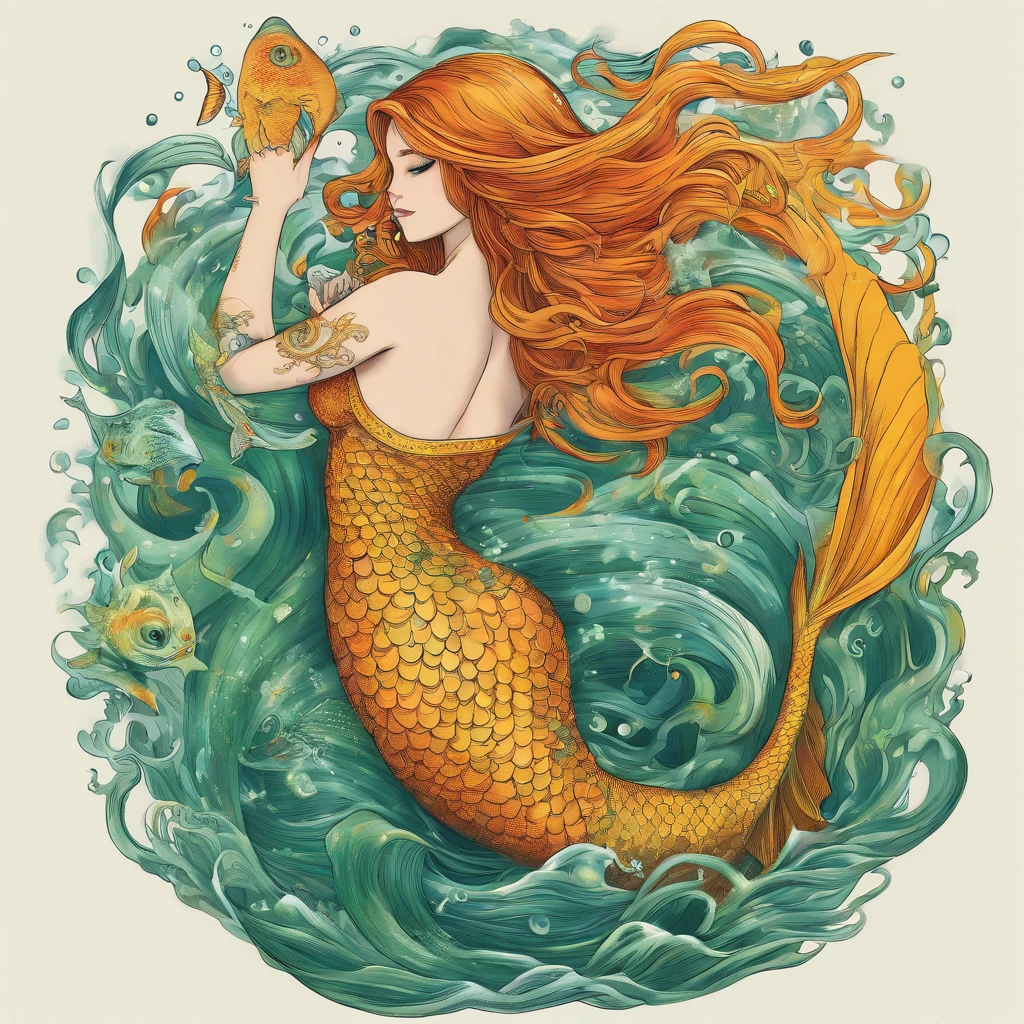 Mermaid, green mertail with yellow fire tattoos, orange top, golden flowing hair with orange highlights, a happy life, masterpiece, best quality