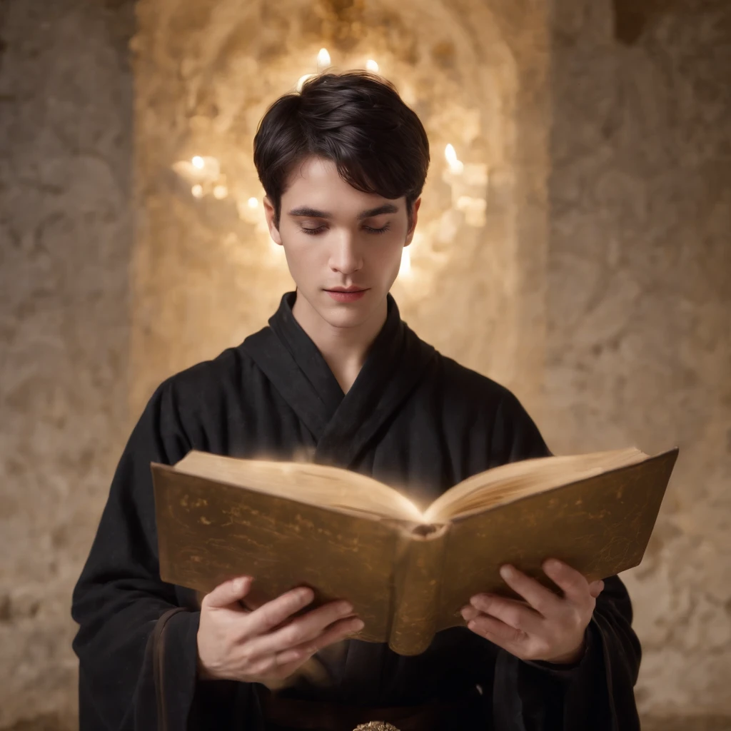 Handsome young man, black short hair, in black robe with golden lining, Circle of magic books scattered on the ground, Magic books and candles placed around him, Seven mirrors at different angles directly above, Gloomy image, vision, Depth of field, divine light, grain film, Optical illusion, Sketch, Renaissance, Pre-Raphaelite Fraternity, High detail, Back Drawing