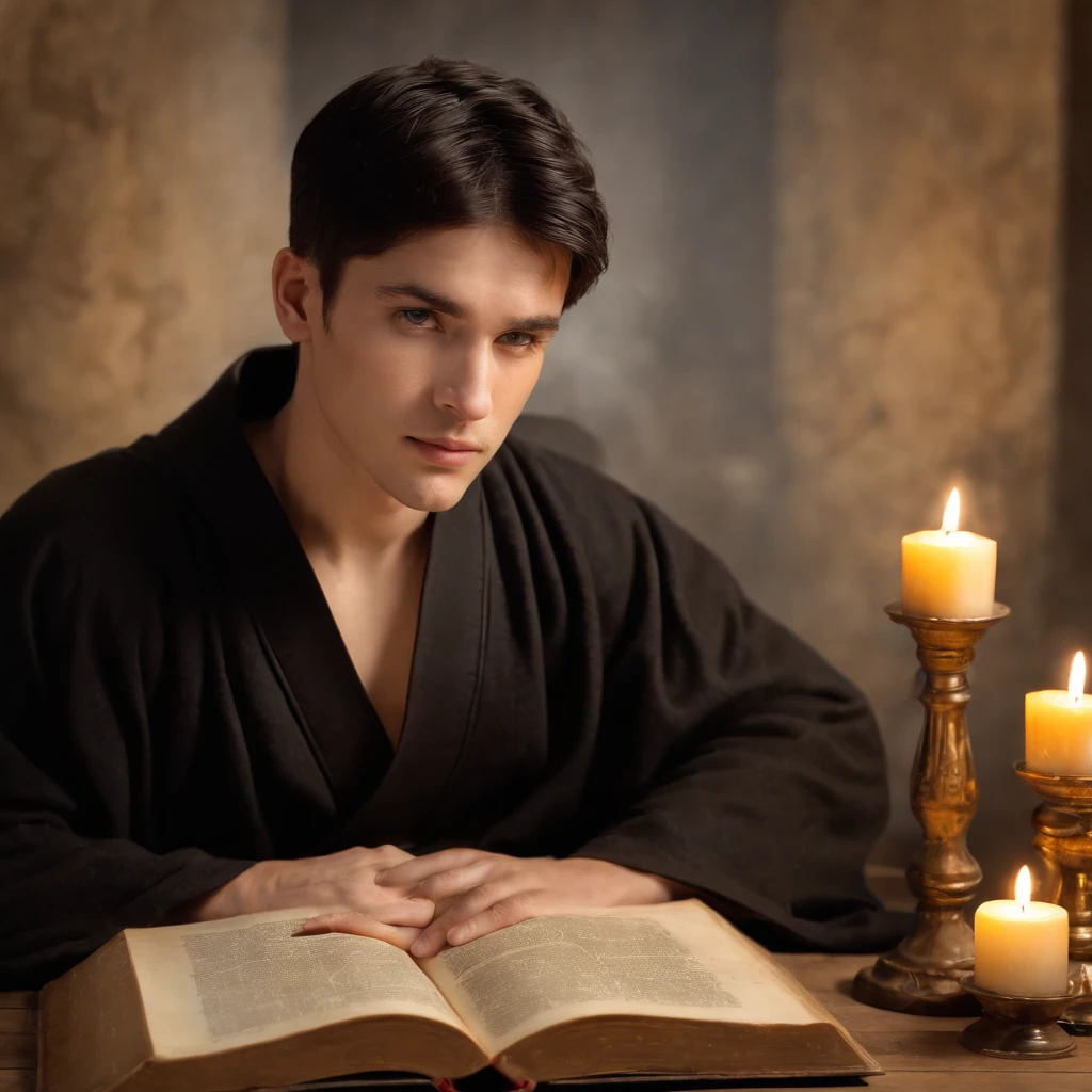 Handsome young man, black short hair, in black robe with golden lining, Circle of magic books scattered on the ground, Magic books and candles placed around him, Seven mirrors at different angles directly above, Gloomy image, vision, Depth of field, divine light, grain film, Optical illusion, Sketch, Renaissance, Pre-Raphaelite Fraternity, High detail, Back Drawing