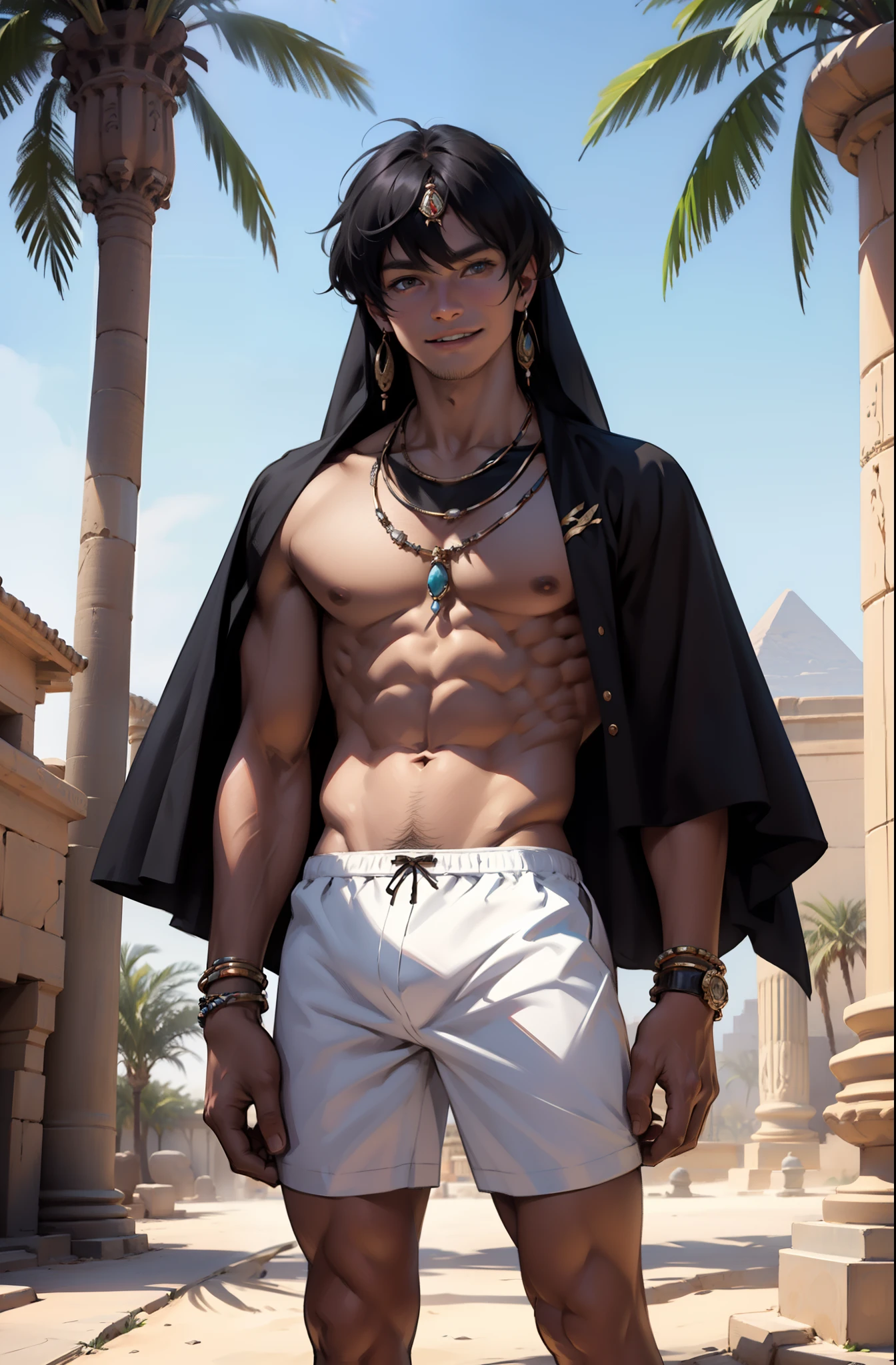 Thin boy of 15 and 14 and 13 years back in Egypt boy man without clothes, in boxers in transparent white underwear of brown leather , estomago plano cabello lasio liso corto, cuerpo entero mirando una ciudad cabello liso negro sonrrisa linda, estan en un palacio oasis rostro con razgos finos, con joyas tipicas del antiguo egipto