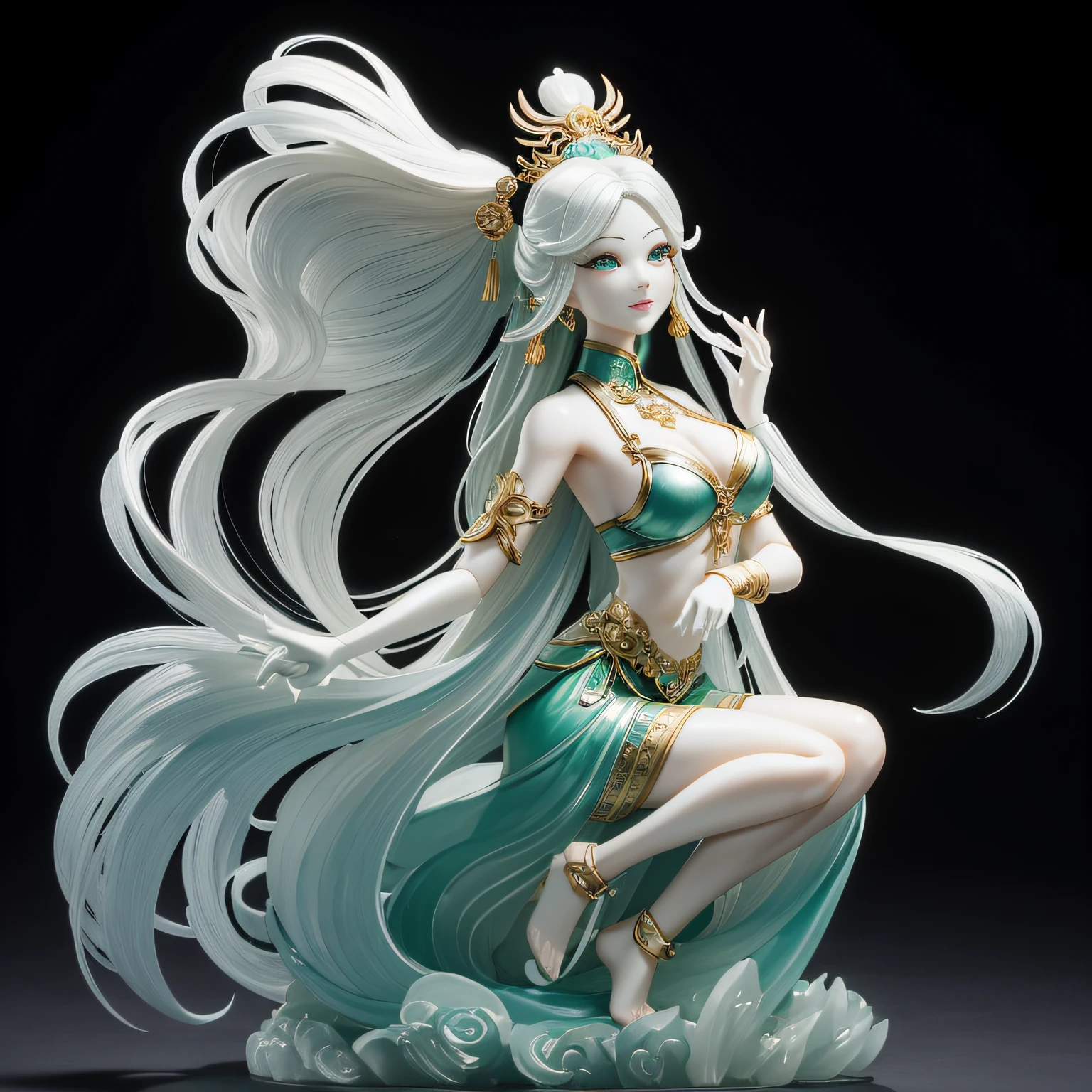 Chinese myths and tales，voyage，Jade carvings，The artwork，light，cleanness，glow effect，White Jade Woman Doll，White jade，full body Esbian，Soio, Female Doll，Clean face、A detailed face、爆乳、Big, Toned buttocks，clong legs、puff，Up-close，Sharp Focus，best qualtiy，8K分辨率，tmasterpiece，Works of masters，