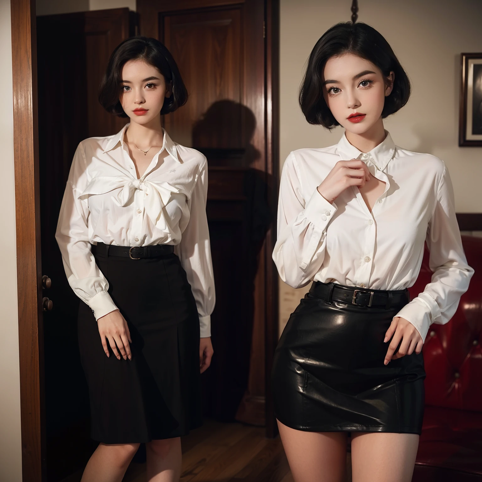 Mallory Malone's costume description is very detailed, Unique and interesting style. In a white long-sleeved blouse of your choice、A fitted black knee-length skirt with red accents creates a striking visual contrast. The addition of a black heel with ankle strap is、Adds a classy touch to the look. Apart from clothes, Vintage 1950s Bob Hairstyles、Adds a retro and timeless element to Mallory Malone's style. This type of hairstyle is、Known for its neat and short appearance, Typically、Jaw length with both ends turned inward. This hairstyle selection is、Add a vintage touch to the look、Complements Mallory's overall style. Makeup also plays an important role in the appearance of Mallory Malone. Although there are no specific details about makeup mentioned in the description, It is possible to imagine that she may be rocking a 1950s-inspired look.Happy,I see underwear,taking off shirt,Chest exposed,