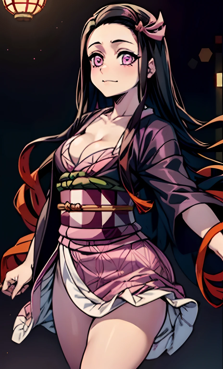 rialistic photo、Real Images、Top image quality、masterpiece, (Pink kimono), seductived faced, Kamado nezuko with horns、Demon Kamado Nezuko、Adult charm of Kamado Nezuko、The hem is disheveled, revealing white panties.、A sexy、crotch open、blanche、good lighting, beautiful thigh、adult appeal、Adults、Big、cleavage, finely detail, masterpiece,I can see my panties、 radiant eyes, 1girl in, A dark-haired, SUCK, Kamado Nezuko, wisteria background, masterpiece, top-quality, POV,,