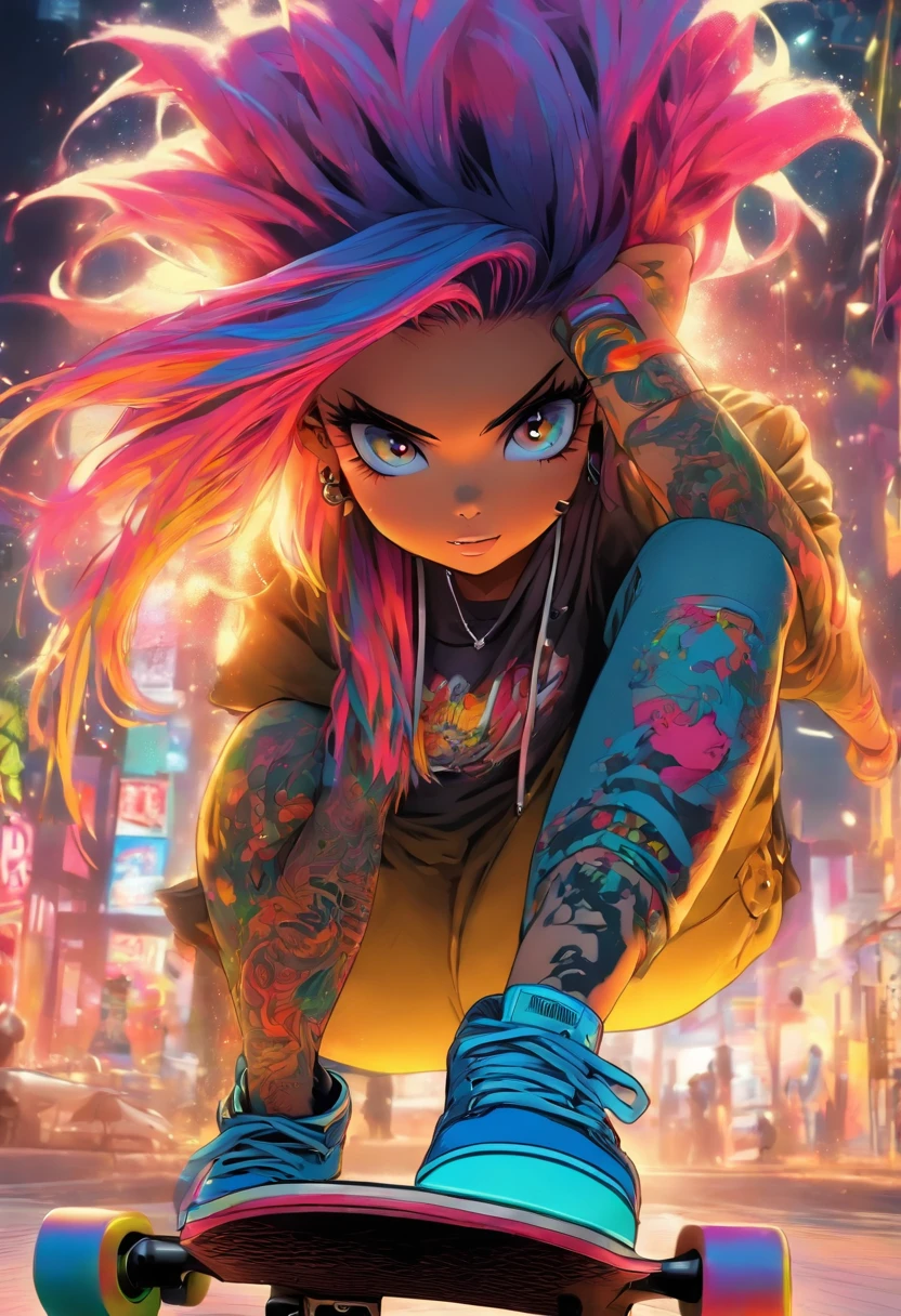 The most beautiful and sexy skateboard girl, rainbow colored hair, yellow eyes, wearing hoodie, graphic t-shirt, torn skinny jeans and highly detailed skateboard gear, tons of tattoos and piercings, highly detailed background, perfect masterpiece, high quality, high resolution