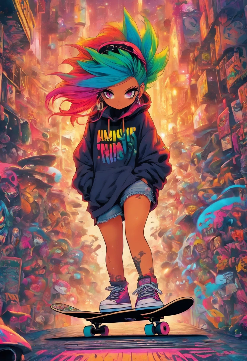 The most beautiful and sexy skateboard girl, rainbow colored hair, yellow eyes, wearing hoodie, graphic t-shirt, torn skinny jeans and highly detailed skateboard gear, tons of tattoos and piercings, highly detailed background, perfect masterpiece, high quality, high resolution